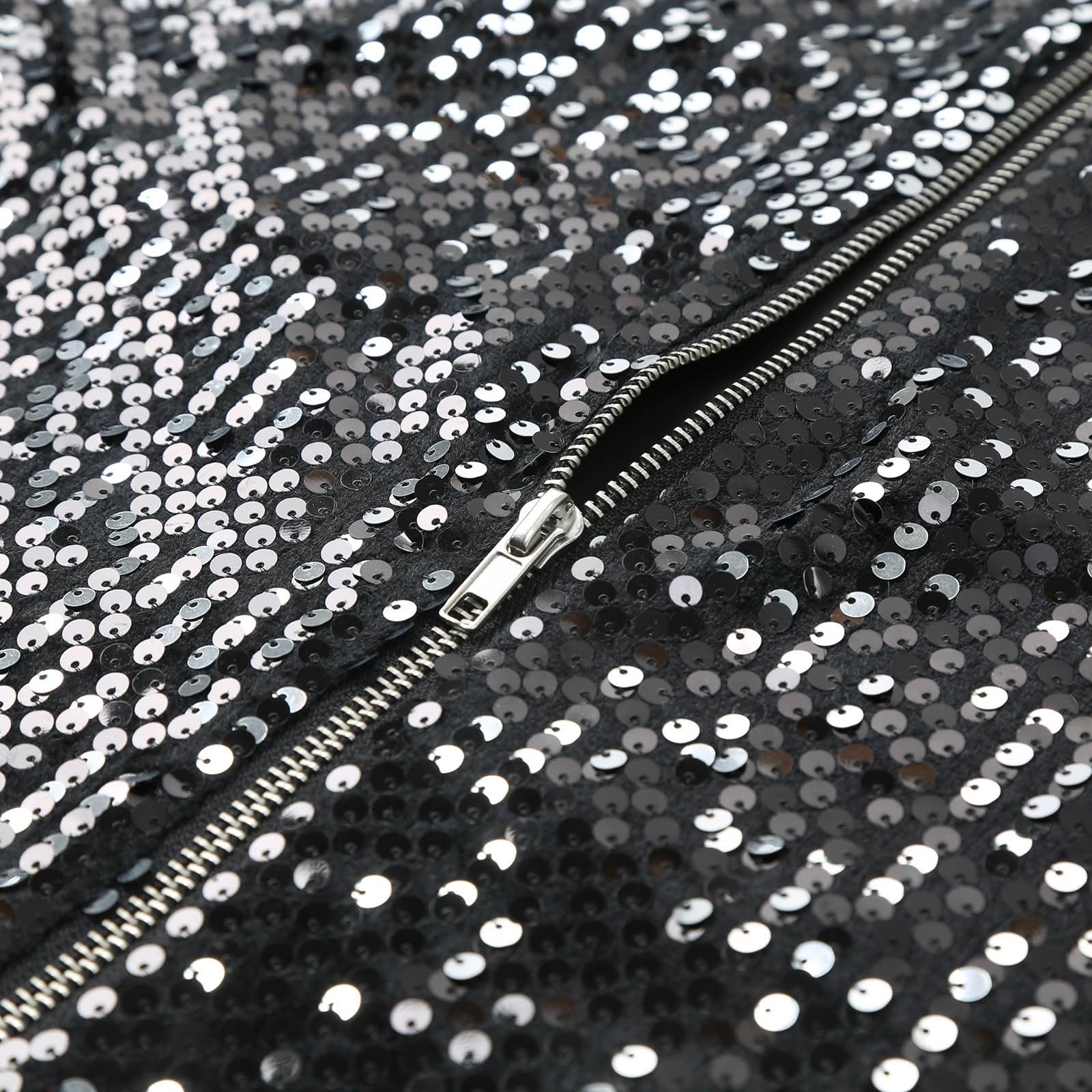 Veste Bomber Paillettes Baseball Homme 70 discothèque fête des années Brillant Pilote Sequins métallisées années Baseball Carnaval Costume homme Blazer paillettes Coupe ajustée Noir doré carnaval
