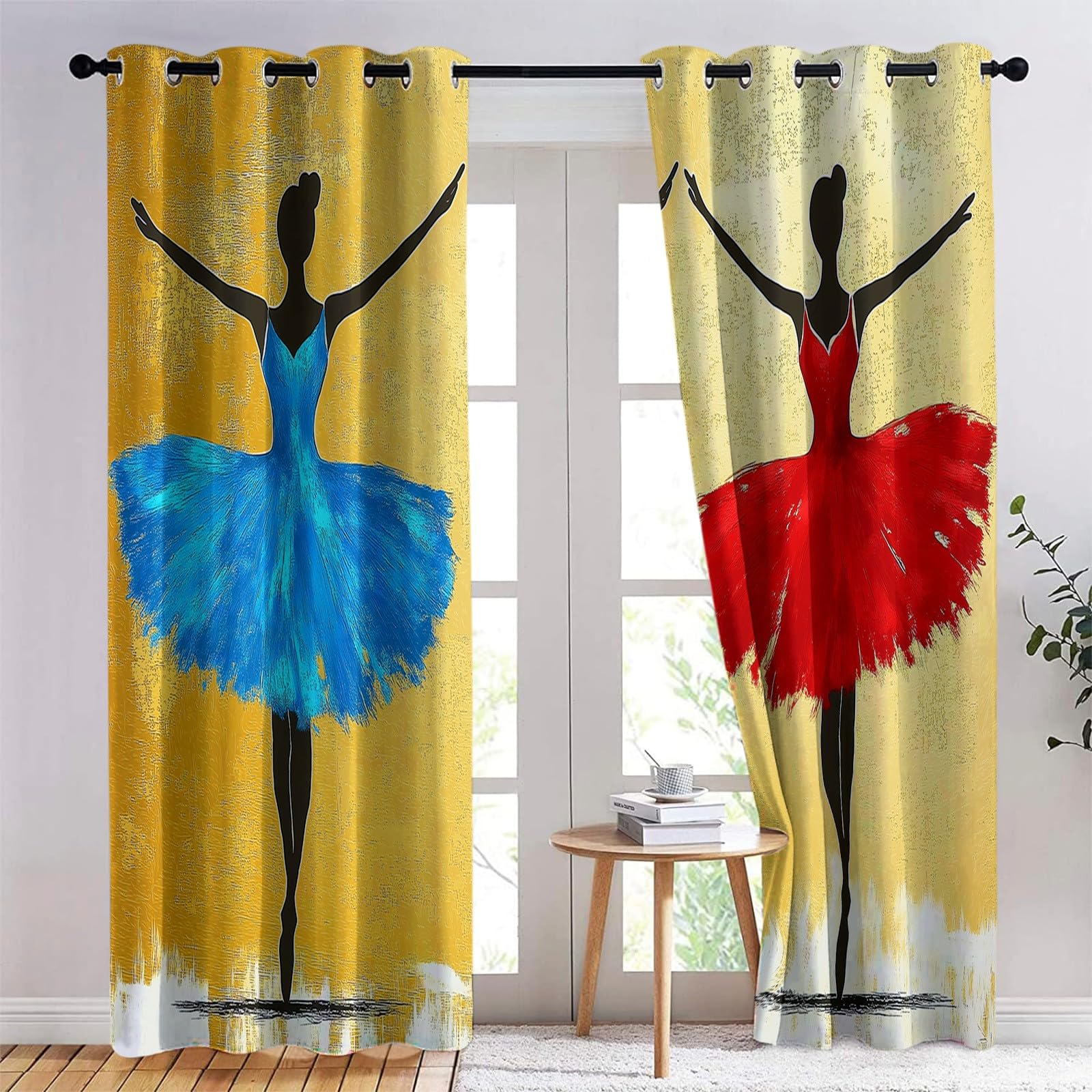 Bemalte Balletttänzerin Verdunklungsvorhänge Kinderzimmer Junge Mädchen, Golden Polyester Blickdichte Vorhänge H 138 x B 117 cm 2er Set Gardinen mit Ösen Wohnzimmer Fensterdekoration