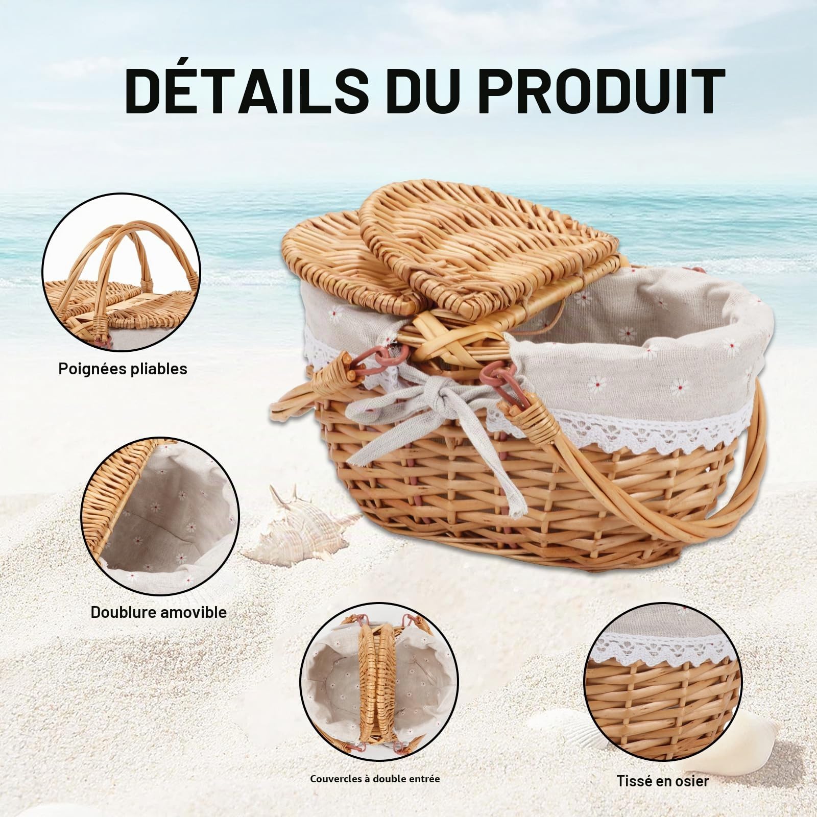 Panier en Osier Panier de Pique-Nique, Panier de Pique-Nique avec Couvercle, Doublure Amovible, Panier de Rangement en Saule pour Pique-Niques, Fêtes et Barbecues, 31x22.85x12.7 cm