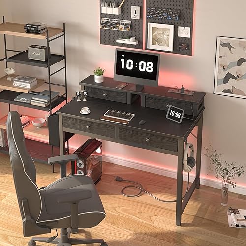 Miniatura 2 de Lufeiya Escritorio pequeño con cajones para oficina en casa, dormitorio, escritorios de estudio negros de 31 pulgadas con cajones de tela, mesa de