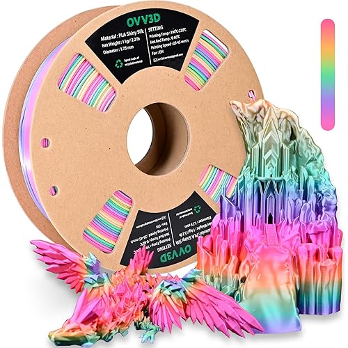 OVV3D Rainbow PLA Filament 1.75mm, PLA Silk PLA 3D Printer Filament Multicolor Silk Color Change Rainbow PLA Filament with Pink Purple Green Yellow, 3D Printing Filament 3D Filament, 1kg
