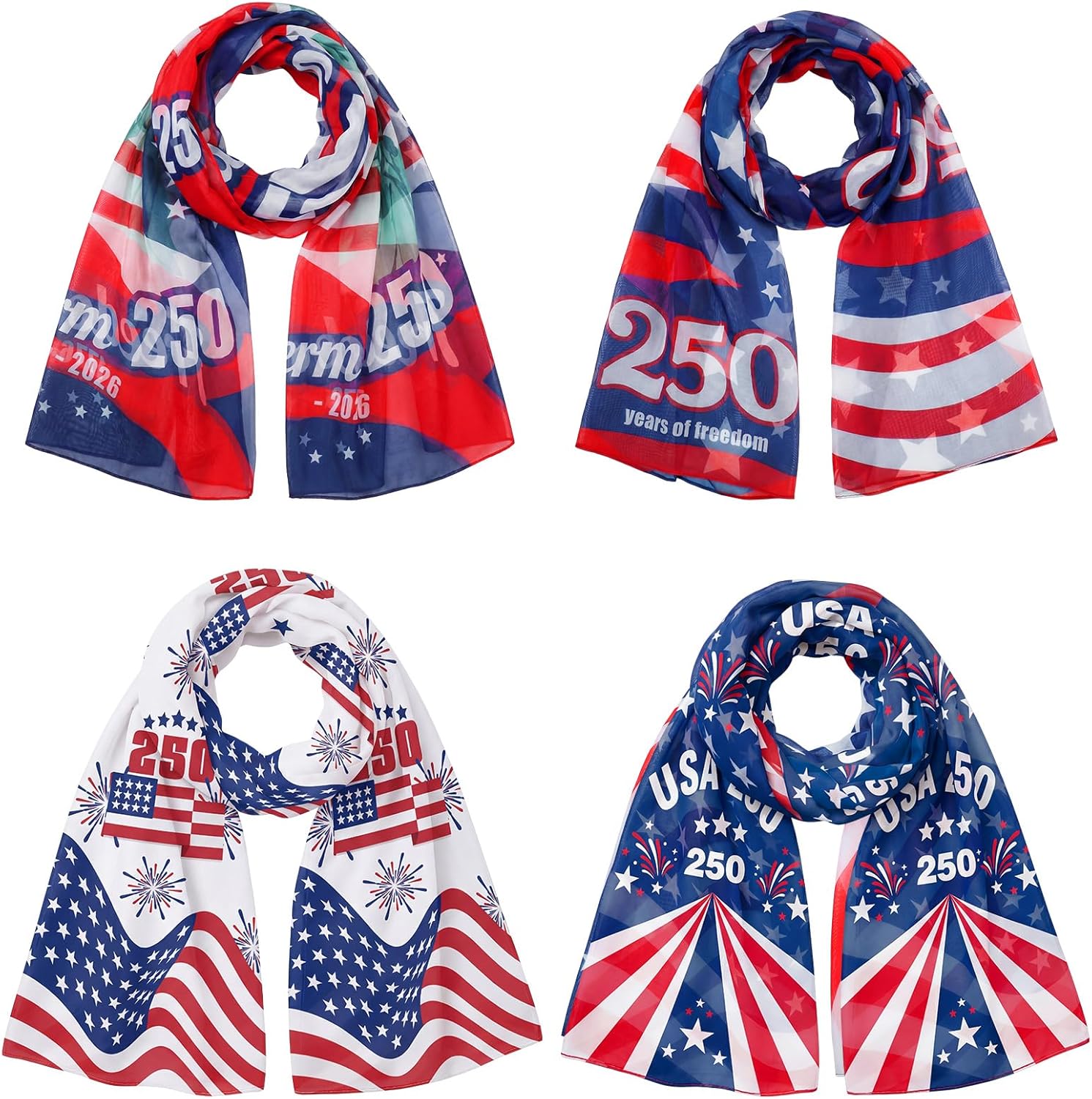 Hercicy 4 Pcs 250th Anniversary Patriotic Scarf for Women Men America 1776-2026 USA Red White and Blue 250th Scarves Flag Shawl for 4th of July Independence Day Head Wrap Favor