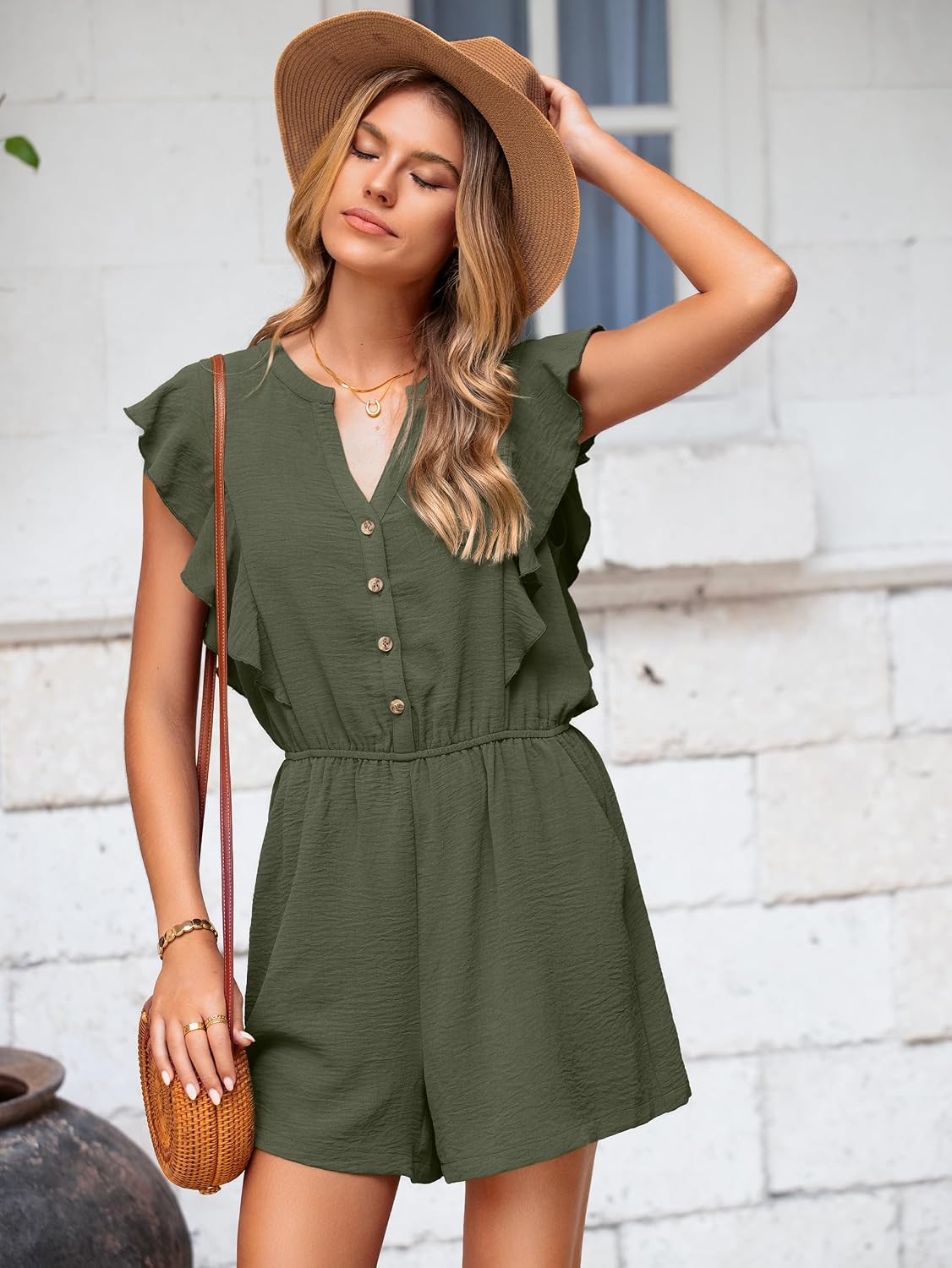 Simplee Womens Summer Romper - Flutter Sleeve Cruise Outfits Button Casual Wide Leg Jumpsuit Dressy with Pockets