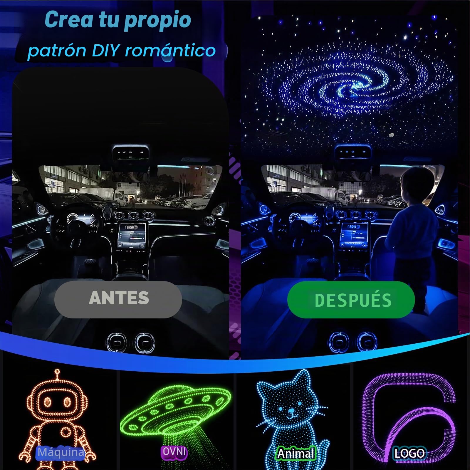 Juego de 800 luces de estrella RGBW de fibra óptica de 0.04 pulgadas y 5 pies para coche con 4 cabezales de luz, mini motor de 16 W, fácil de ocultar, cableado flexible, aplicación/control remoto para