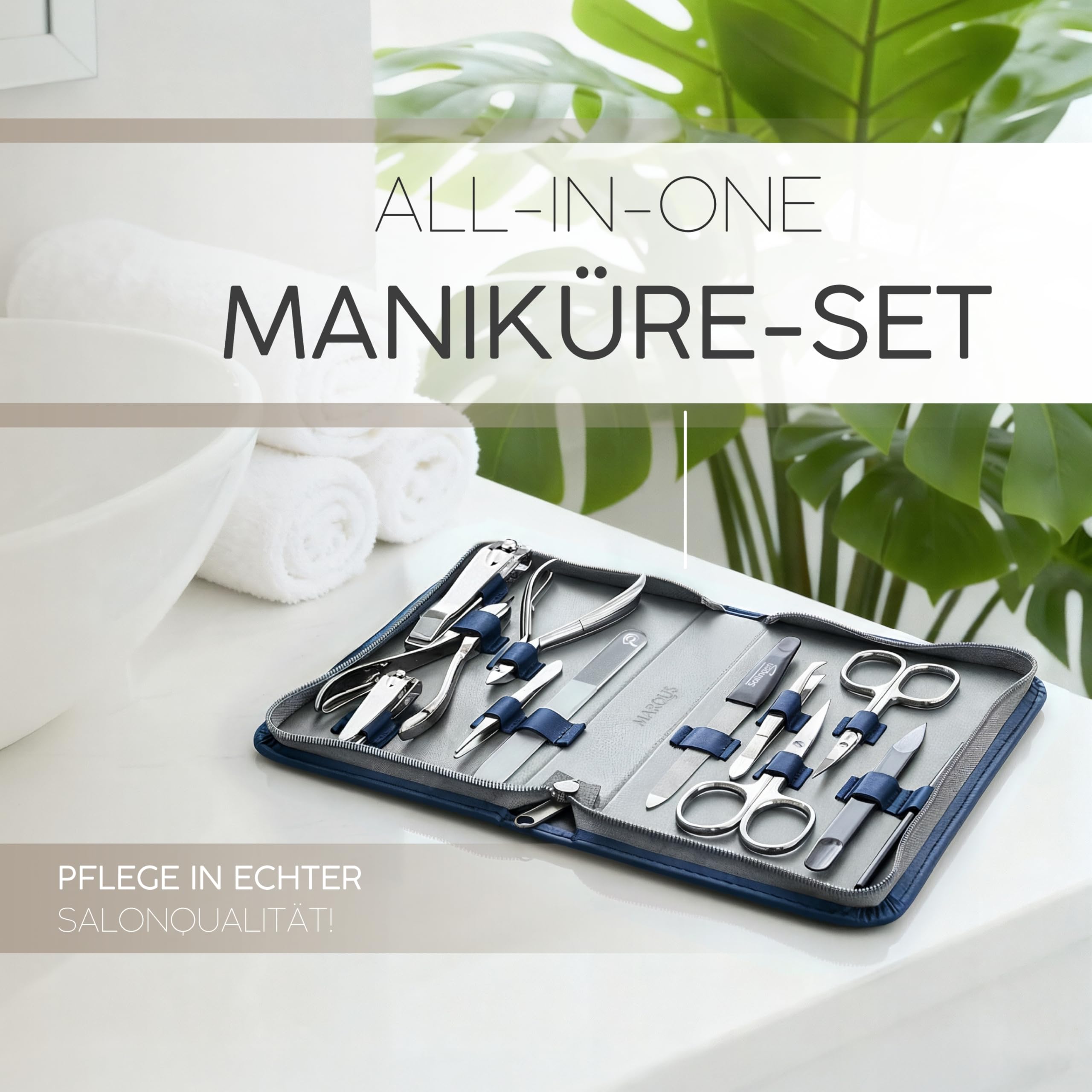 marQus Solingen Maniküre Pediküre Set - 12 Teile in Echt Leder Etui handlich und weich - Komplett Kit mit allem für die Hand- und Fußpflege, Nagelset Blau