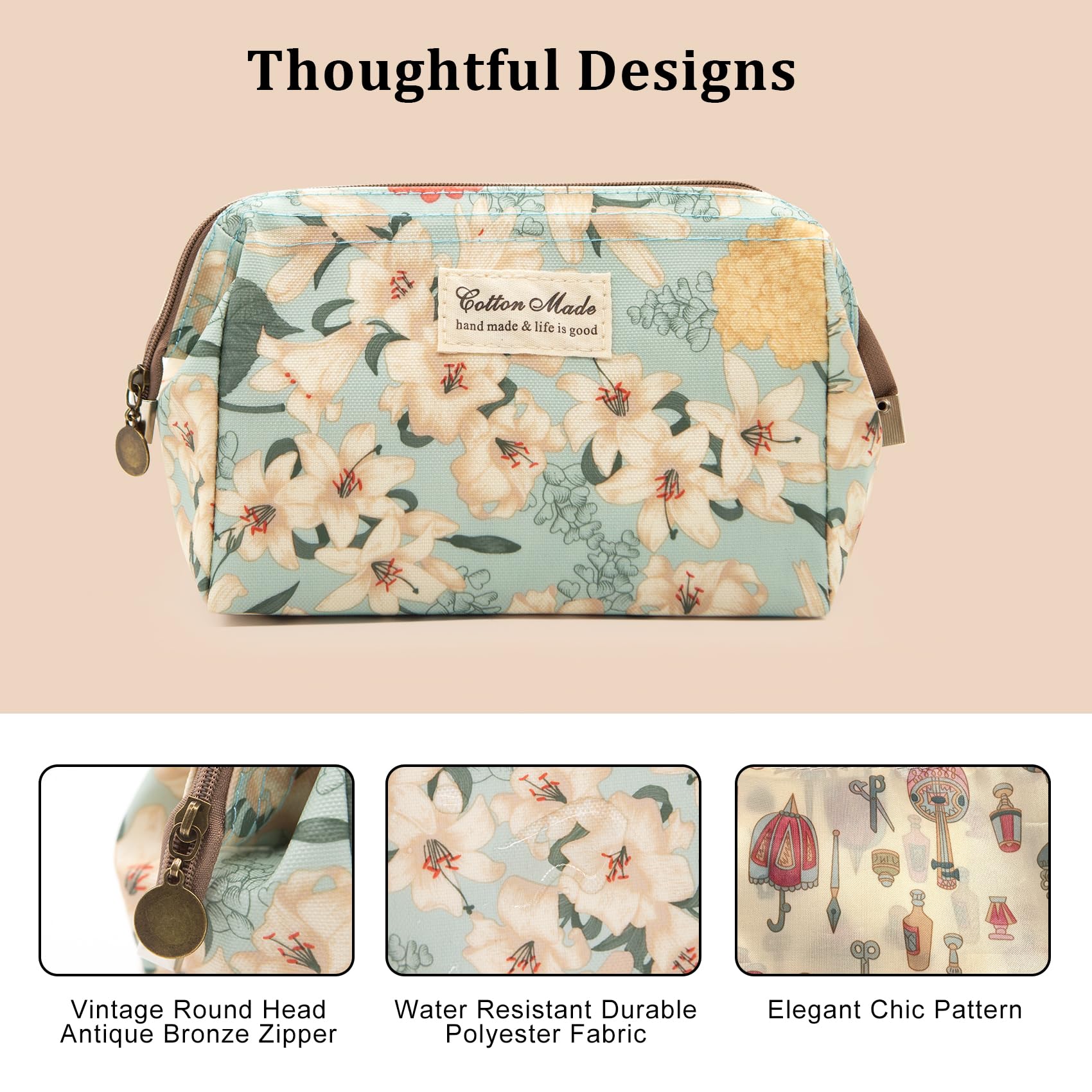 Long Keeper Travel Makeup Bag Floral Wide-Open Beauty Cosmetic Bags for Women Make Up Organiser Bag Toiletries & Beauty Essentials Waterproof Wash Bags (Green Base Lily) - Image 4