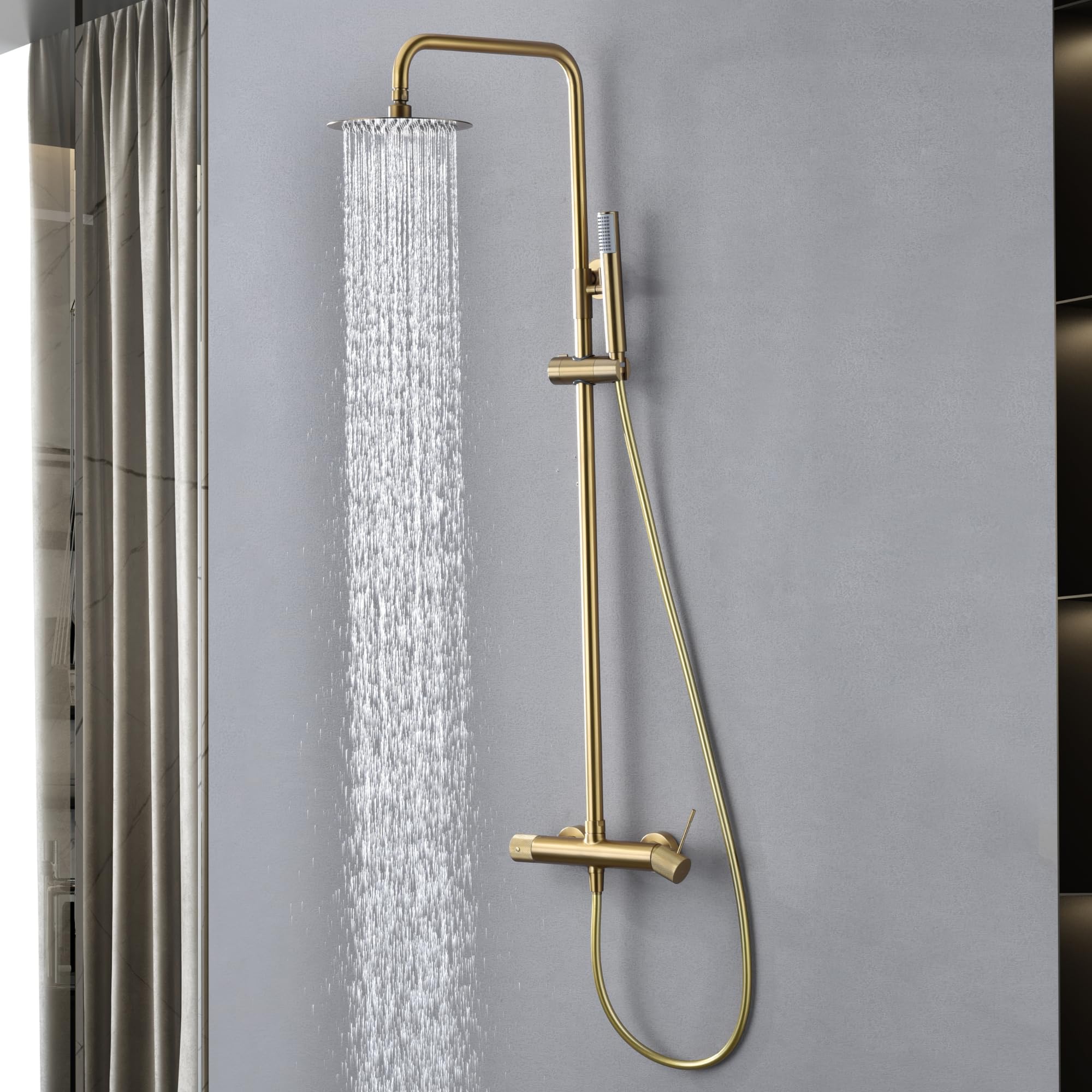 IMEX - Colonne Douche Dorée Salle de Bain | Colonne de Douche Laiton avec Mitigeur Or Brossé | Colonne de Douche avec Robinet Reglable | Barre en Acier Inoxydable S.304 Extensible | Série Line