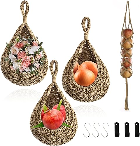 BORISCA Paquete de 4 cestas colgantes de frutas para cocina con 6 ganchos, cestas colgantes de pared bohemias, cestas colgantes de lágrima, cesta de