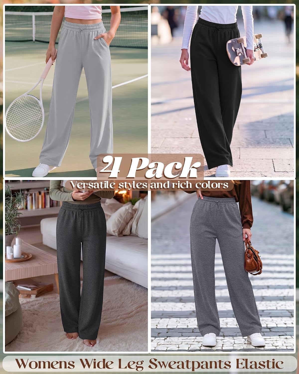 4 Pack Womens Wide Leg Sweatpants Elastic Waist Lounge Baggy Pants Straight Leg Soft Casual Joggers with Pockets