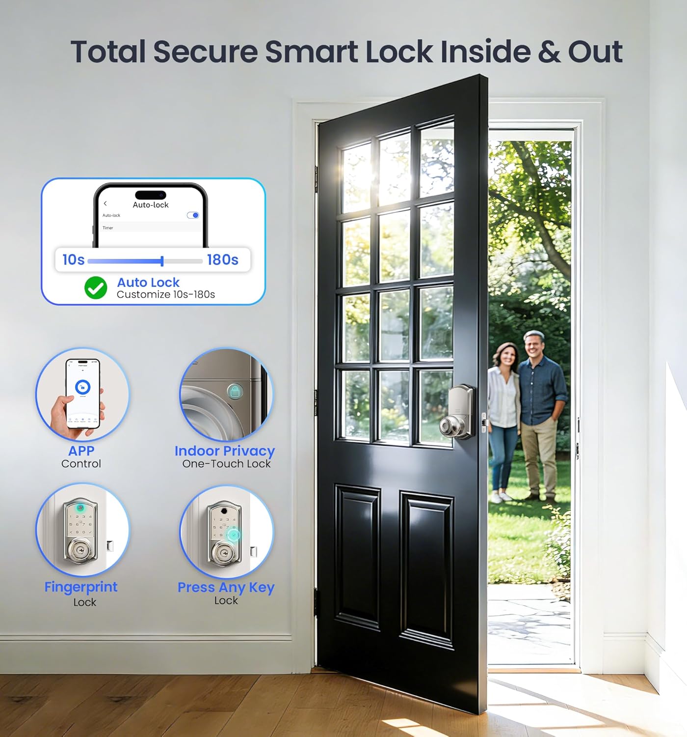 Veise VE018 Smart Knob Handle Lock - Fingerprint, App Control, Keyless Entry for Front Door and Bedroom, Electronic Digital Keypad, Auto Lock, Remote Access Sharing, IP55 Weatherproof, Satin Nickel