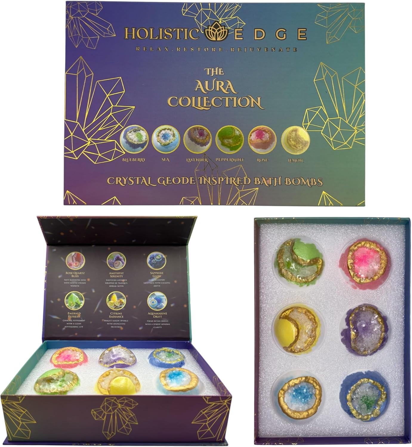 Aura Collection Crystal Geode Bath Bomb Gift Set – Luxury Handmade Spa Fizzers for Relaxation & Aromatherapy – Premium Self Care Gift for Women, Men & Teens – 6 x 95g