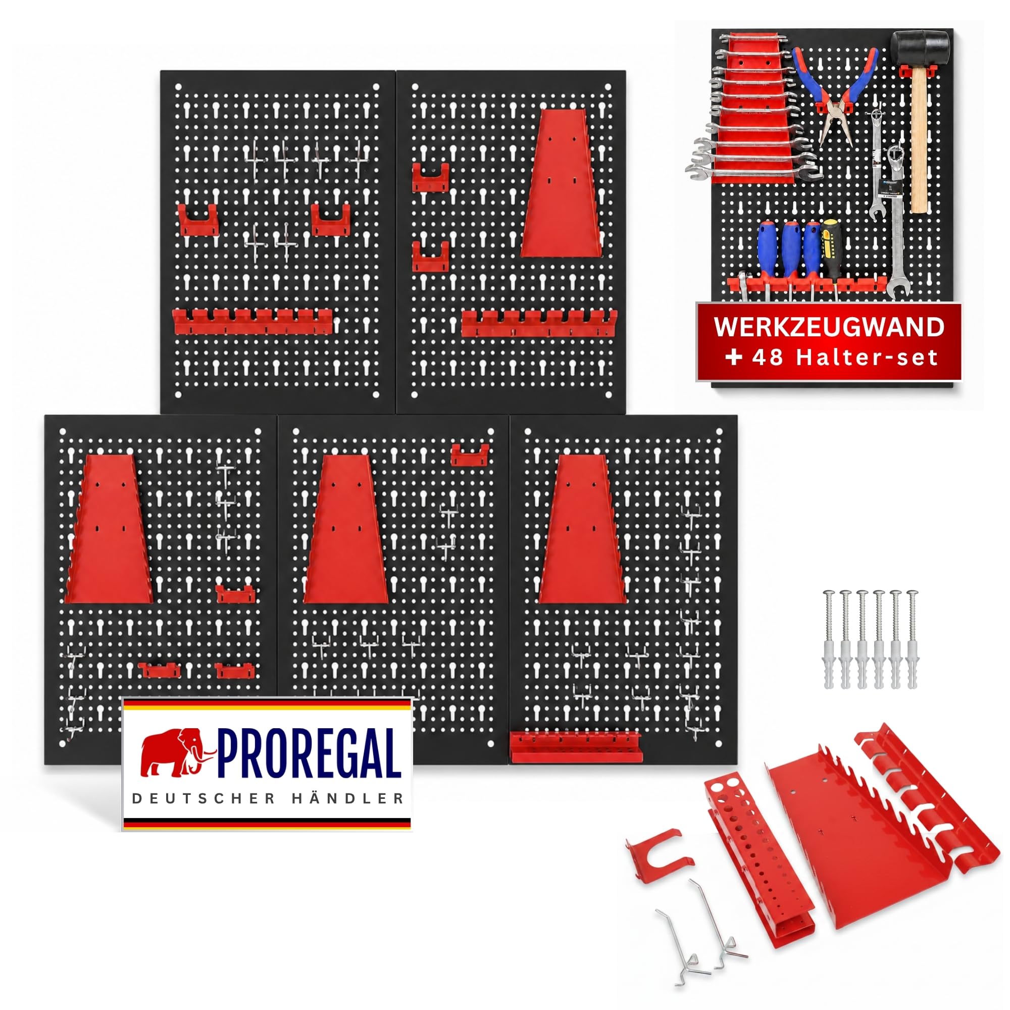 PROREGAL ARES - Set di 5 pannelli forati in metallo, con 48 ganci e supporti, 200 x 60 cm, con materiale di montaggio, portautensili da officina, espandibili
