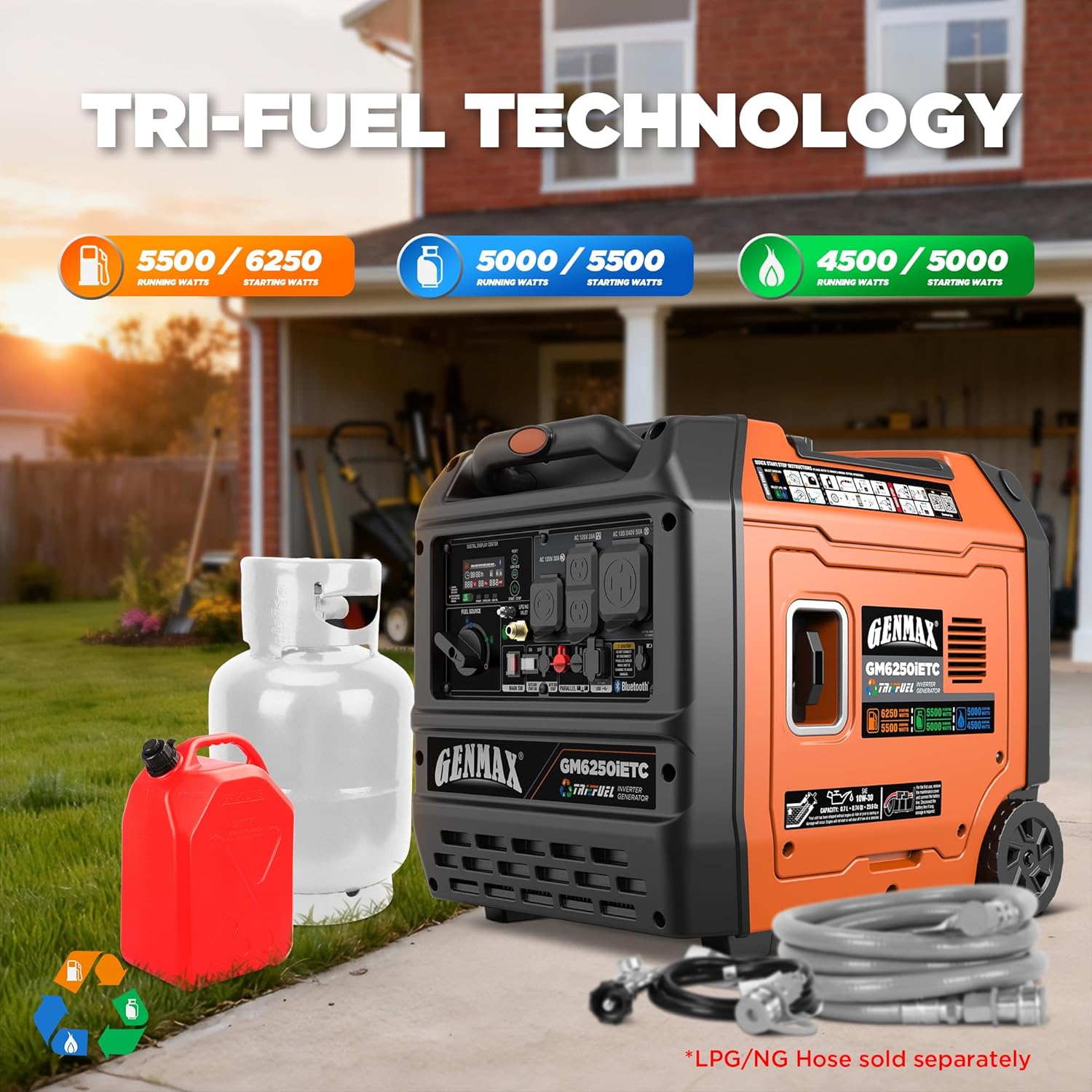 GENMAX GM6250iET generator with gasoline can, propane tank, and natural gas hose, illustrating its tri-fuel capability.