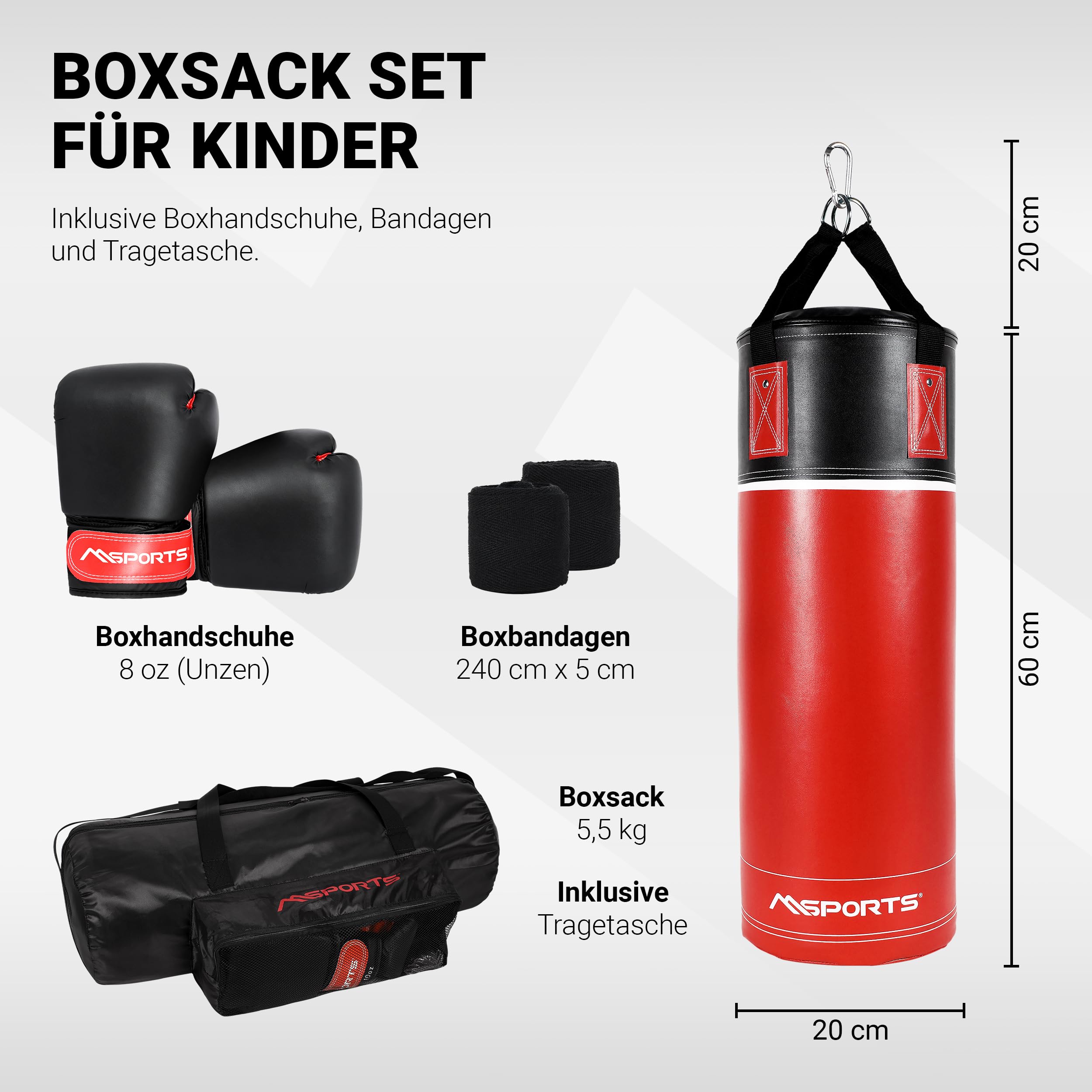Juego de saco de boxeo profesional para niños y adolescentes, 60 x 20 cm, con guantes de boxeo, vendas y bolsa, 5,5 kg, color rojo y negro