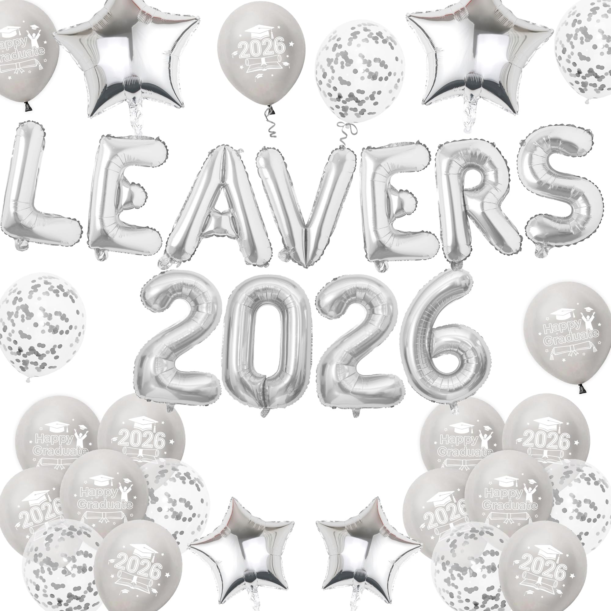 Class of 2026 Graduation Decorations Balloons, 33 Pcs Silver Foil Balloon Banner Set with Letters Numbers Confetti and Stars, Leavers 2026 Decor for High School College Grad Party
