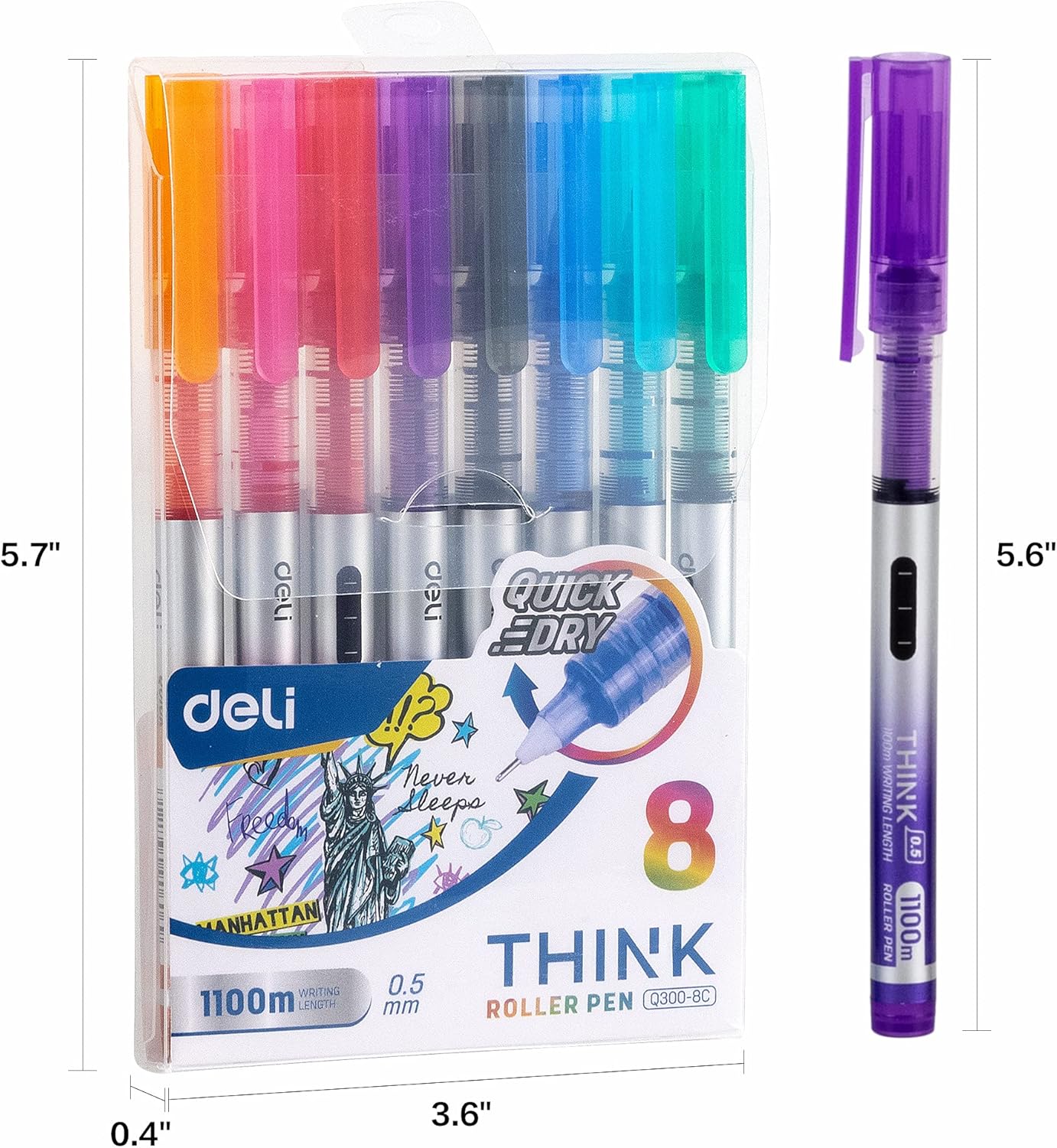 Deli 8 Pieces Rolling Ball Pens, Quick-Drying Ink 0.5 mm Extra Fine Point Pens Liquid Ink Pen Rollerball Pens Multicolor : Office Products