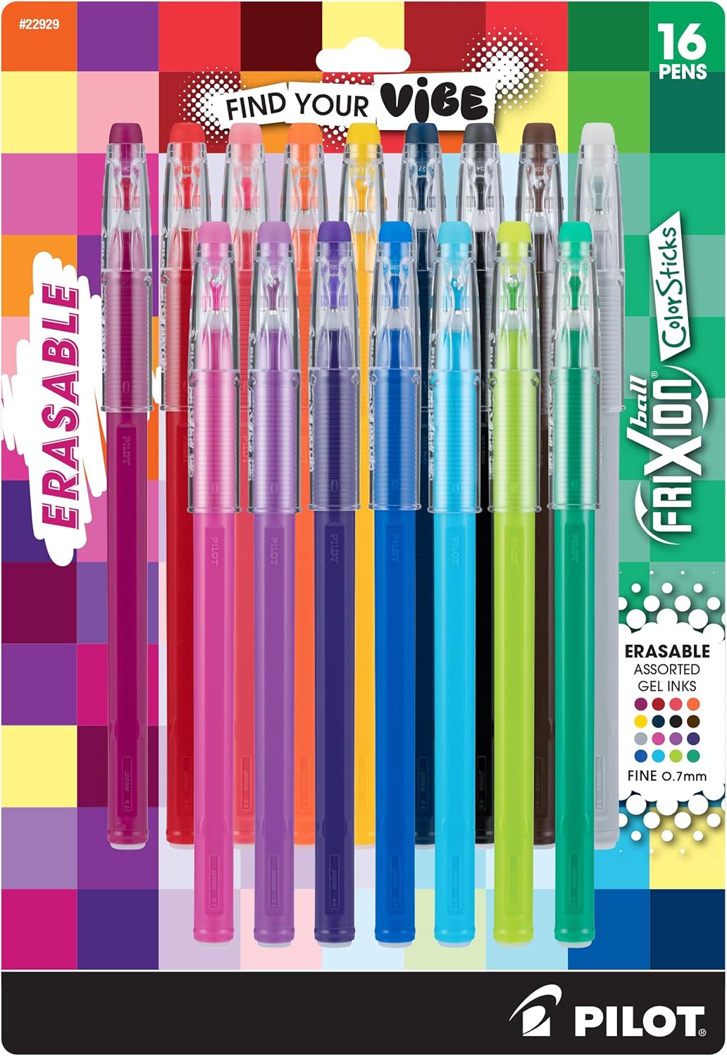 Pilot, FriXion Vibe ColorSticks Premium Erasable Gel Ink Pens, Find Your Vibe, Mood-Inspired Colors, 16 Pack, Fine Point 0.7 mm, Assorted Pink/Purple, Blue/Green, and Red/Orange Inks