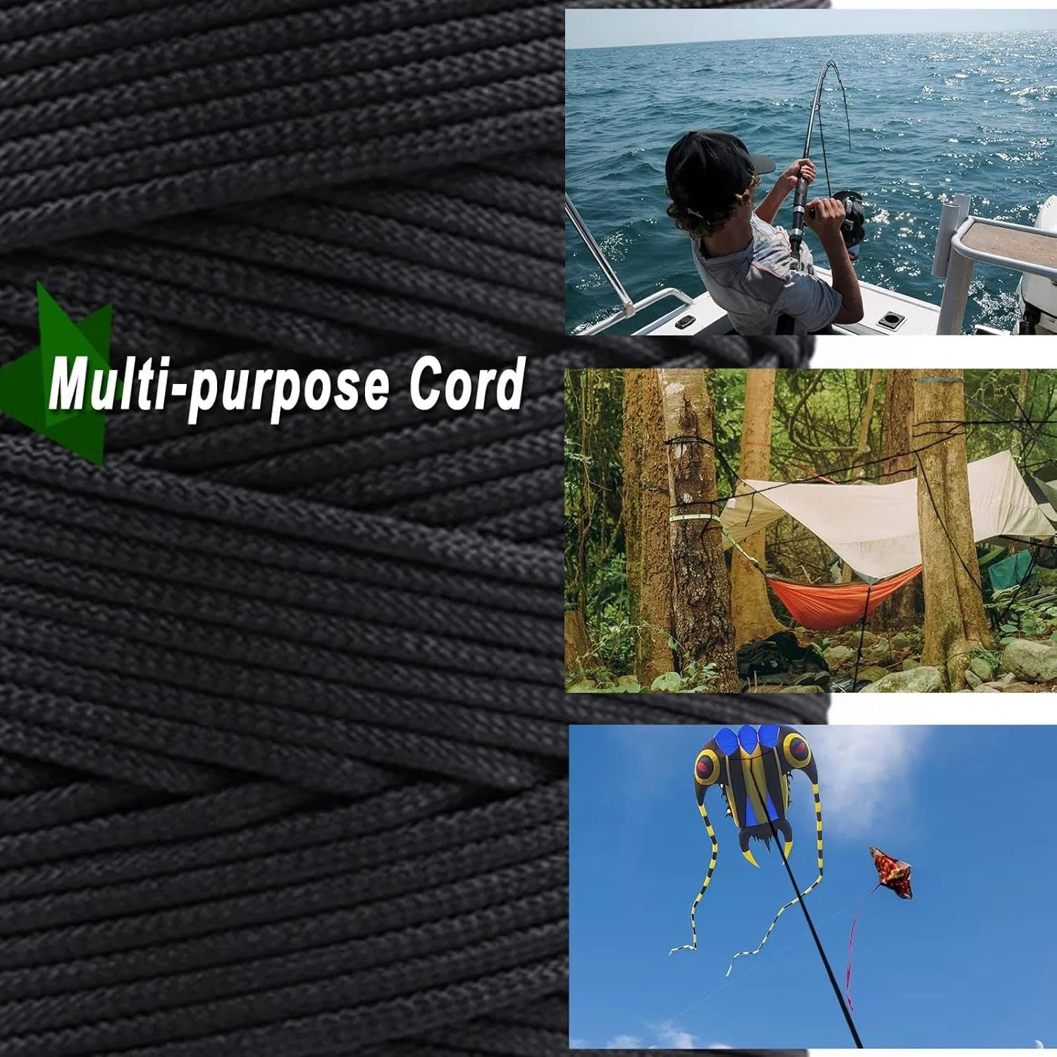 9KM DWLIFE Corde tressée en Kevlar noir, 226,8 à 680,4 kg, corde de cerf-volant robuste, modèle fusée, paracorde, corde d'aide à la pêche, camping, randonnée, corde de survie en plein air