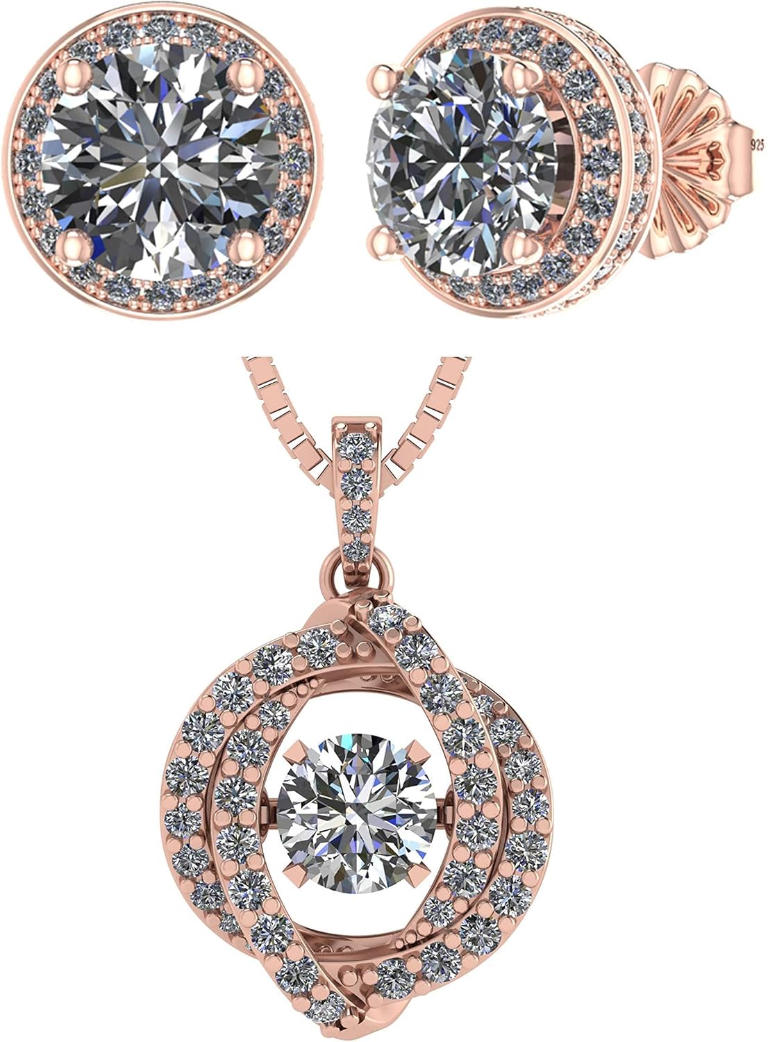 Halo Earrings & Swirl Dancing Stone Necklace Jewelry Set made w/Pure Brilliance Zirconia (R)