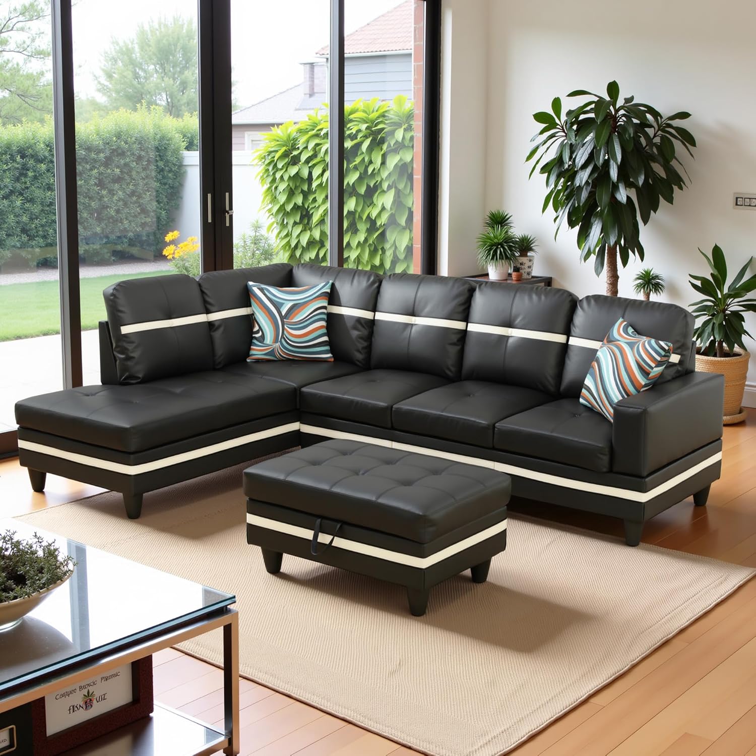 RIGHT CHAISE ONLY 103.5\" Oversized Sectional Couch, L Shaped Couch with Storage Ottoman, Modern Modular Sofa with Deep Seat, Sectional Couches for Living Room and Office, Black and White (PU Leather) Black and White-pu Leather Left Facing+ Ottoman