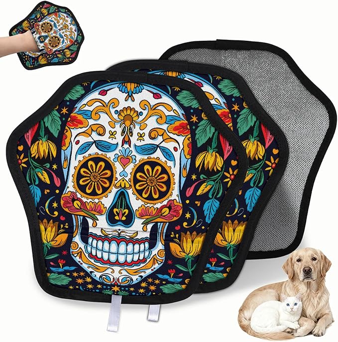 Sugar Skull Mexican 2Pcs Electrostatic Reusable Pet Hair Removal Grooming Glove for Car Seat Sofa Carpet Clothing Washable Pet Hair Remover Tool for Cats Dogs
