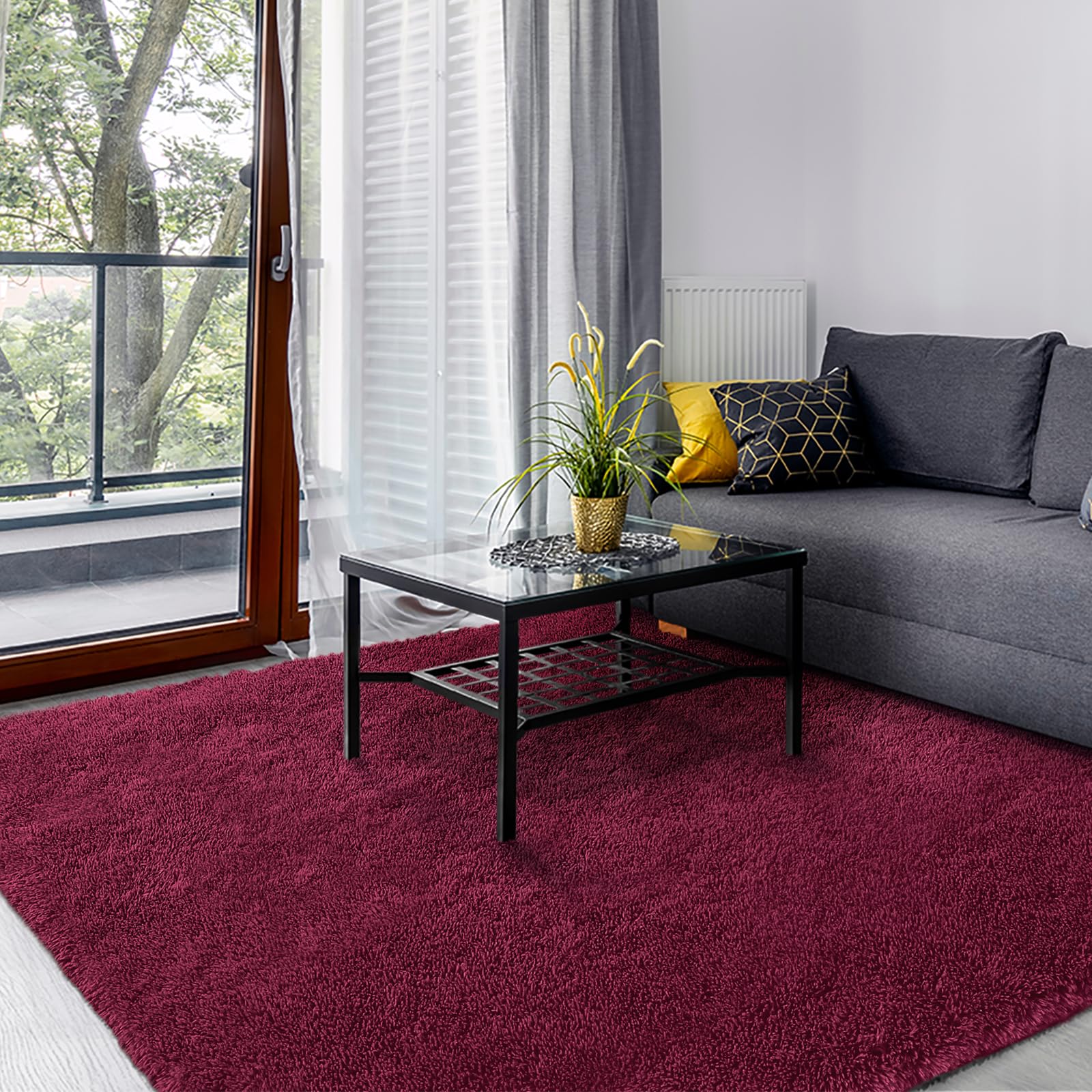 SOANNY Rugs Living Room, Burgundy Small Soft Fluffy Shaggy Solid Carpet for Bedroom Dorm Bedside Lounge Office, Non-Slip, Machine Washable, Throw Rug for Home Decor, 80x150cm — image 1