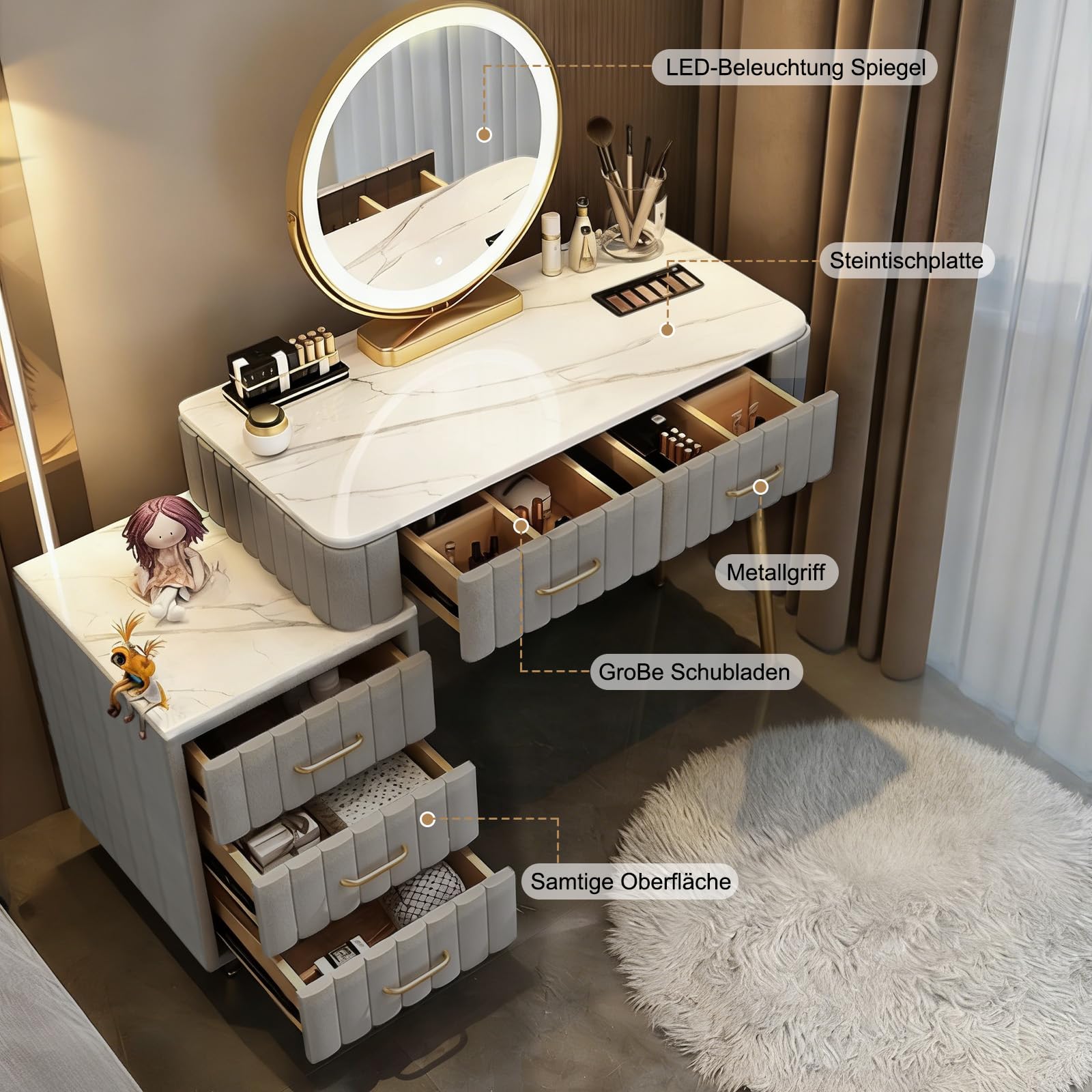 Grau Schminktisch mit Spiegel, Luxuriöse Frisiertisch mit Vergoldete Griffe und Samt, 5 Schubladenb und Schrank, Moderner Kosmetiktisch für Mädchen Schlafzimmer, Einfach zu Montieren, 100cm