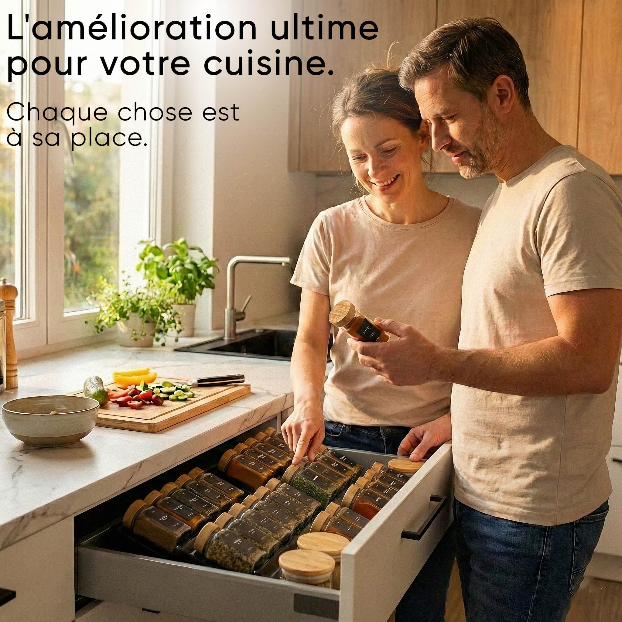 Deco haus® Range epices cuisine tiroir avec Pots Lot de 24 avec Étiquettes - Rangement épices tiroir - Organisateur epice Grande Capacité Extensible