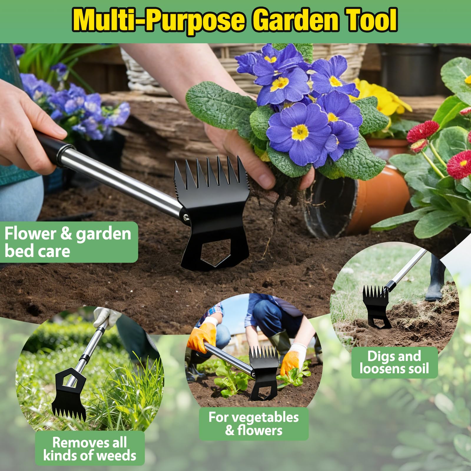 Weed Puller Tool with Long Handle, 2 in 1 Garden Hoe & Weeding Rake, Heavy Duty Weed Remover for Garden, Lawn & Flower Beds — view 7