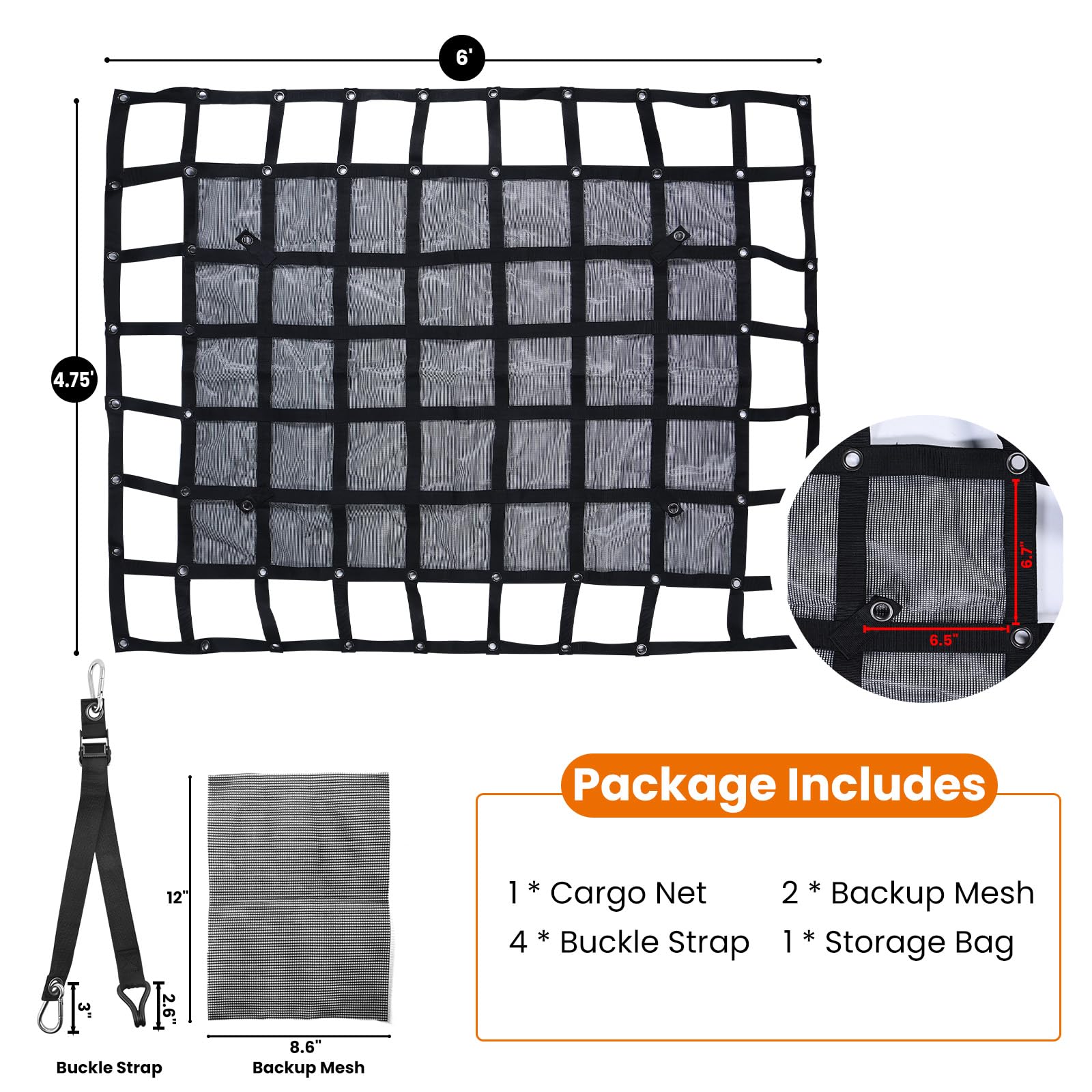 Filet de chargement robuste, 1,4 x 1,8 m, pour remorque, Jeep, VUS, UTV, rack de lit, bateau, pick-up (144,8 x 182,9 cm)