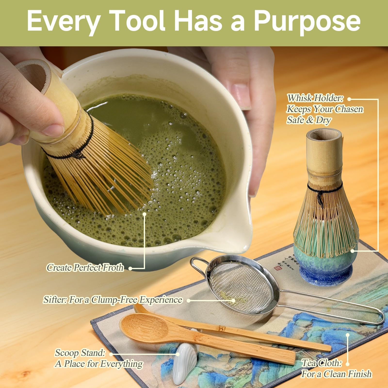 Juego de batidor de matcha con cuenco de cerámica, batidor de bambú (Chasen), cuchara, tamiz y soporte, kit completo para té matcha tradicional, regalos únicos para los amantes del té (escarcha)