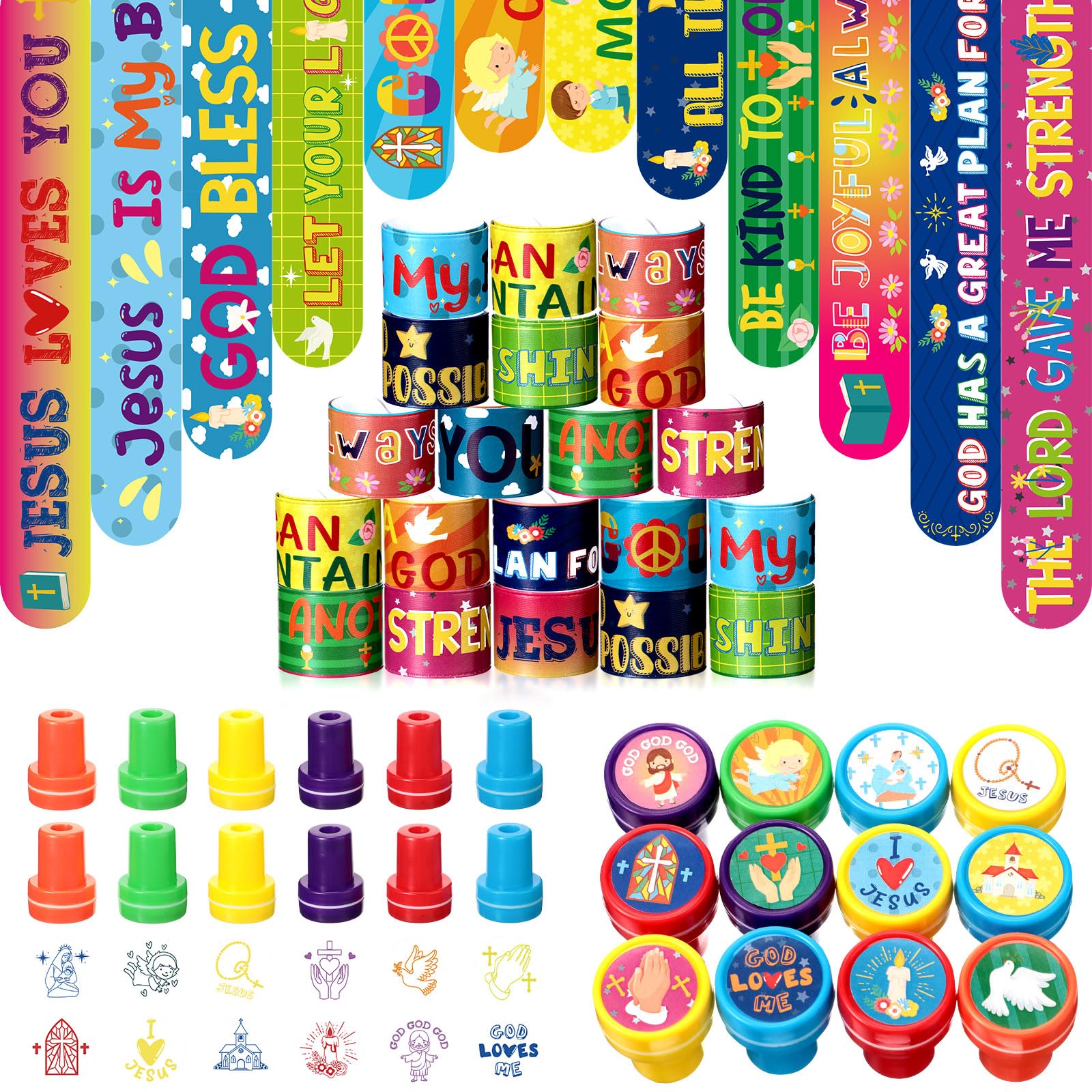 Jenaai96 Pcs Religious Slap Bracelets with Stampers Bulk Assorted Jesus Love You Wristbands Christian Gifts for Kids Religious Prizes Bible Verse Party Favors for Sunday School Boys Girls