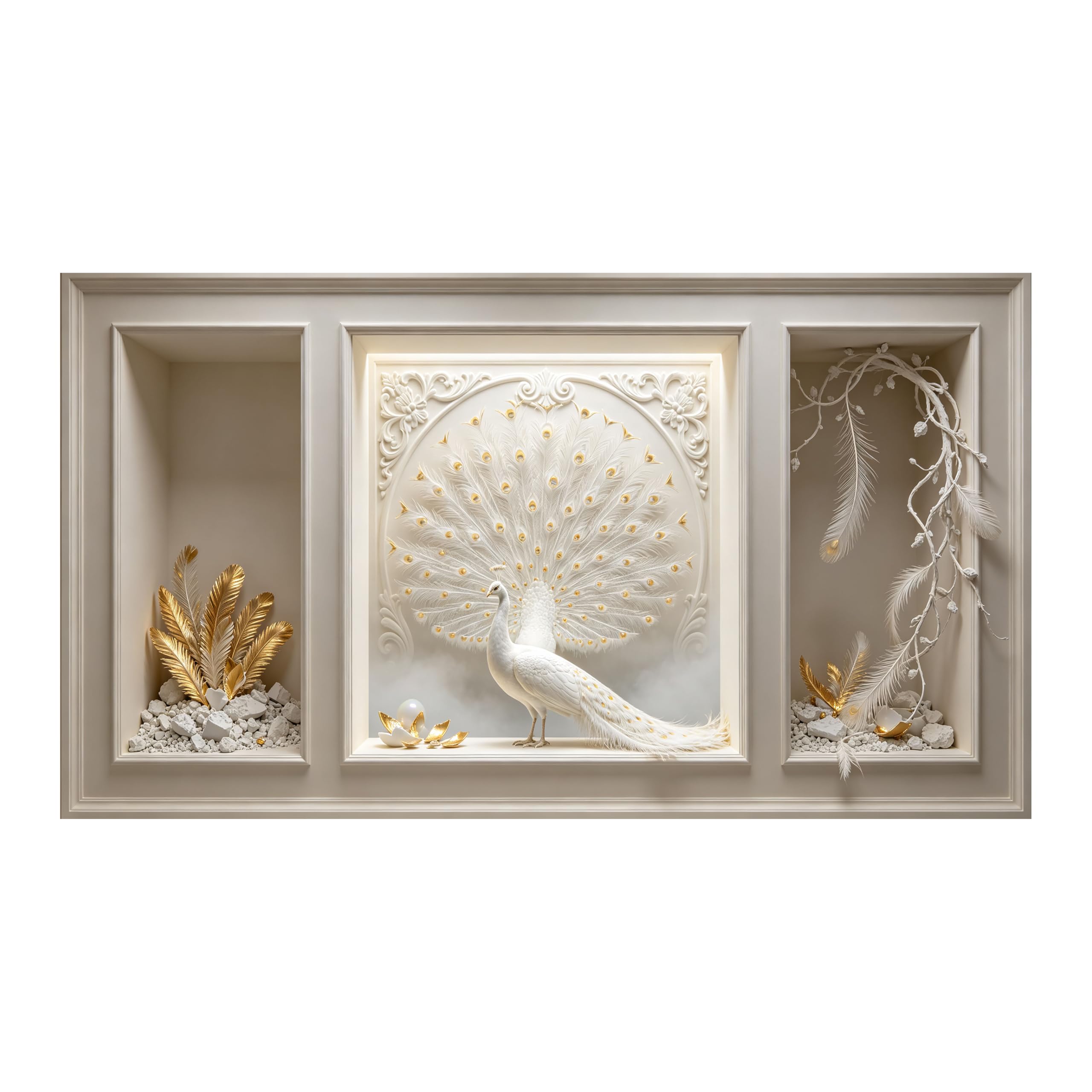 Yzpallescene 3D Framed Wall Art White Peacock Neoclassical Relief Effect Feather Sculpture Large Size SelfAdhesive Removable Wall Decor Prints Artwork for Living Room Bedroom Office