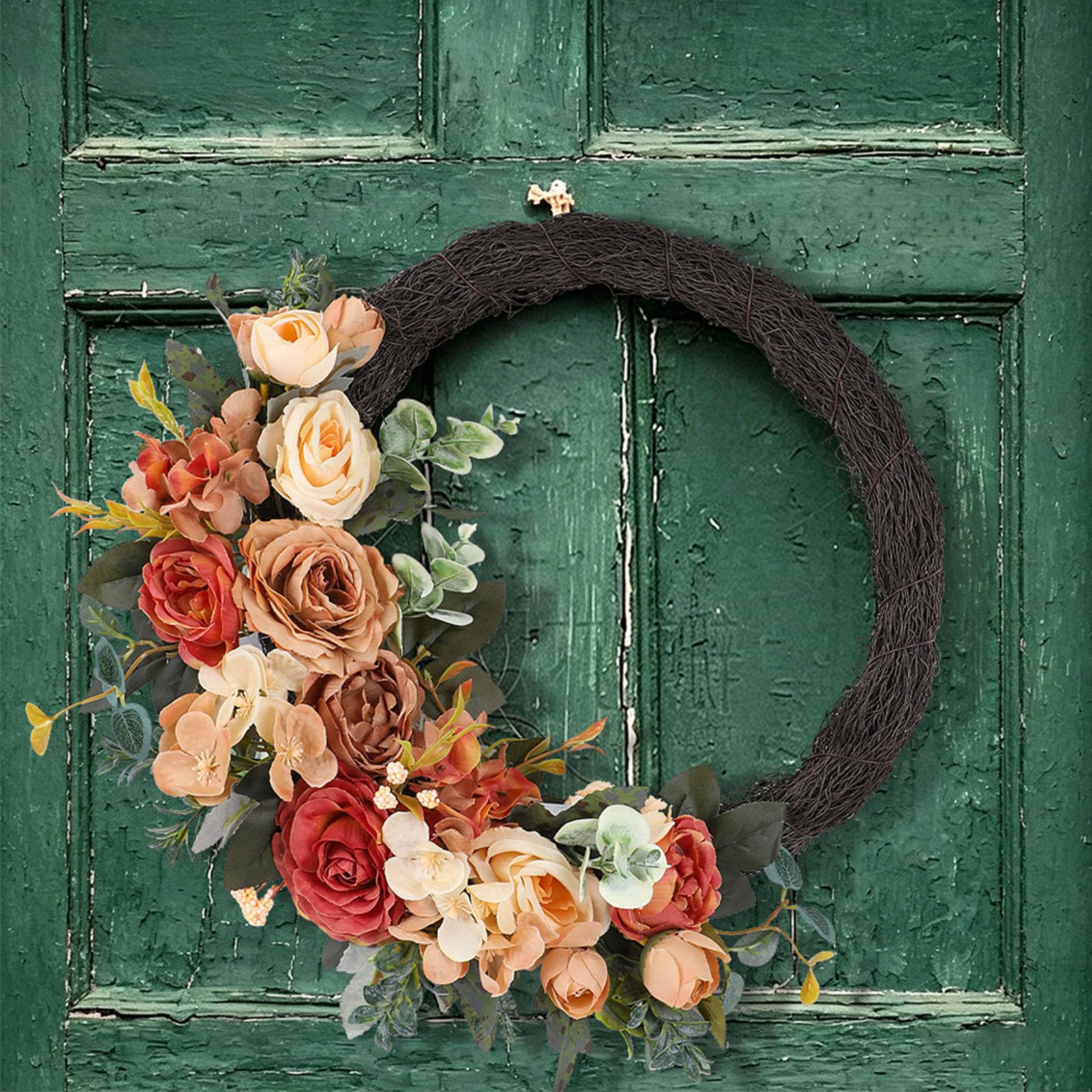 RIZGHWOY Ghirlanda di Fiori Artificiali, con Realistica Composizione Floreale di Rose di Seta Decorazione Rustica da Appendere Alla Porta Primaverile Estiva per il Matrimonio (Ghirlanda di rose