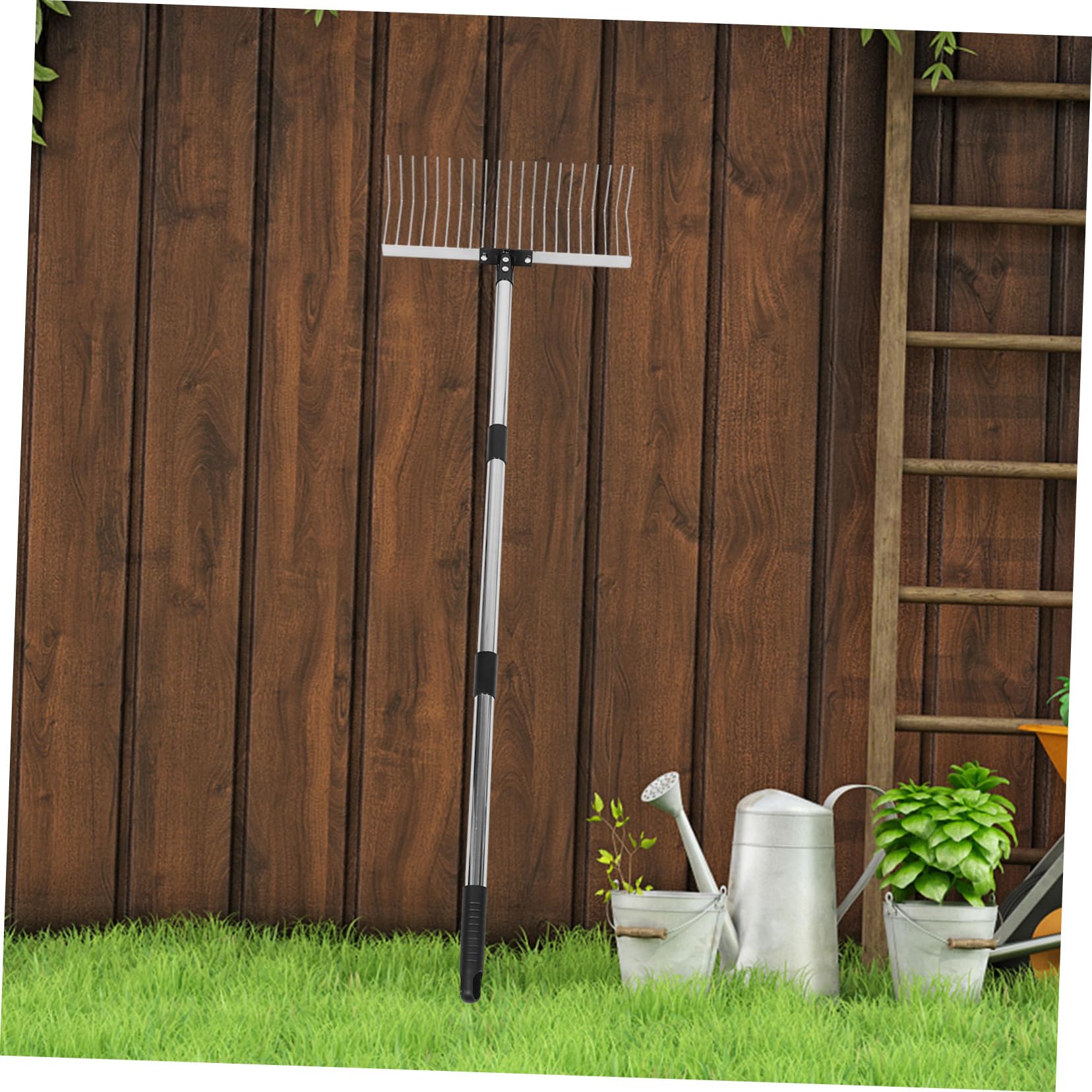 Laubbesen für Rasenflächen aus Edelstahl mit 21 Zähnen Robuster Gartenrechen zum Auflockern des Bodens und Sammeln von Laub Platzsparend und Langlebig