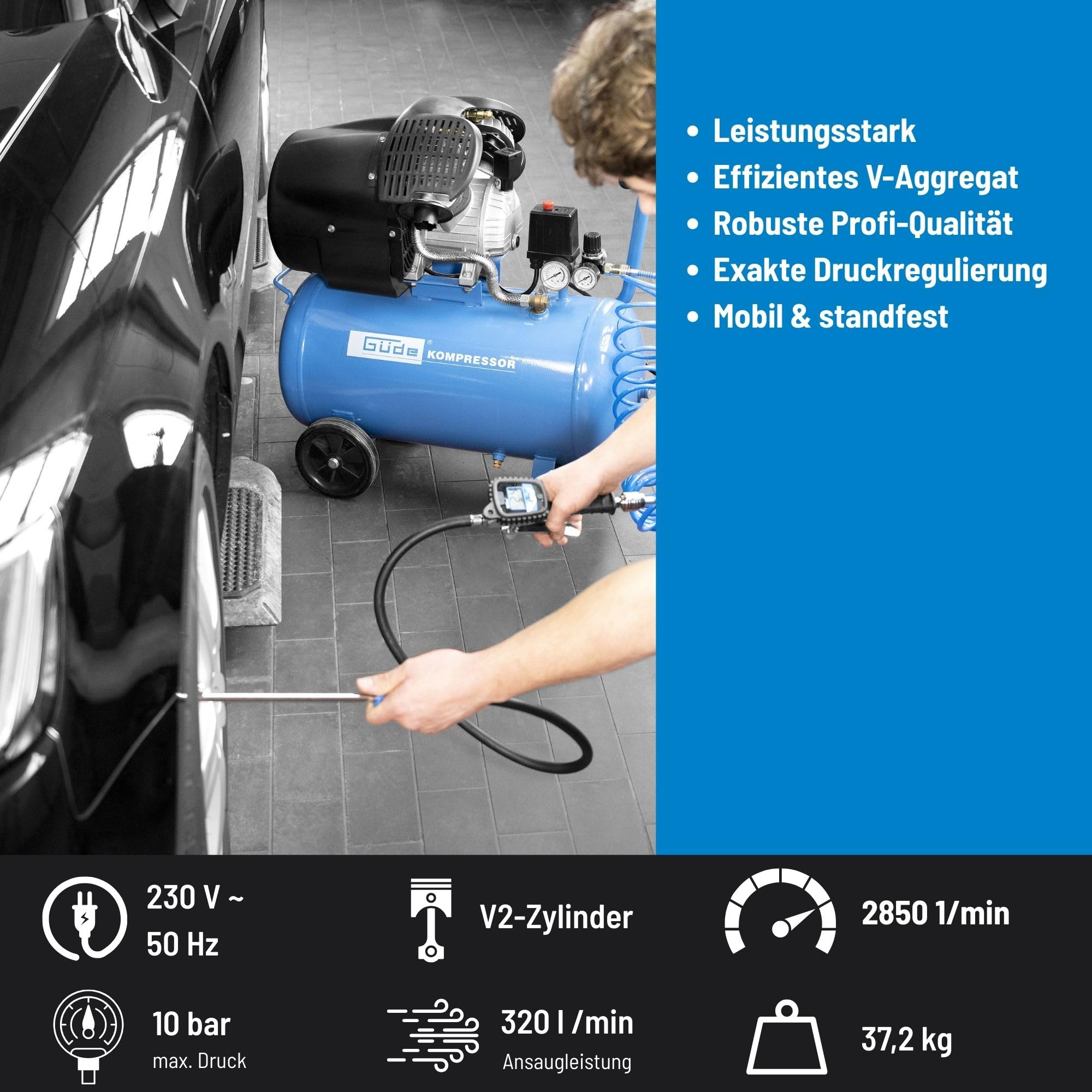 Güde Compressore 405/10/50-230 Volt, caldaia da 50 litri, 2,2 kilowatt, pressione massima 10 bar, eff. quantità di consegna a 0 bar 250 l/min, 2 cilindri V lubrificati a olio, 2 manometri, 2 giunti