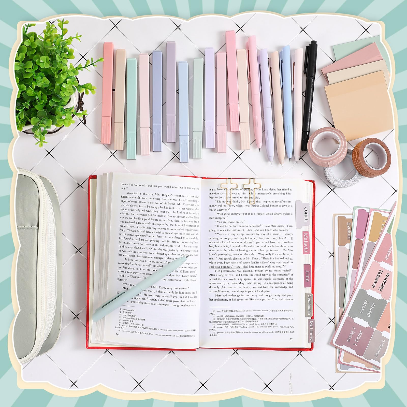 Dunzoom Zestaw do dziennika biblijnego, 12 zakreślaczy bez przebarwień, 6 gładkich długopisów żelowych, 75 laminowanych zakładek biblijnych, 3 taśmy Washi, 4 karteczki samoprzylepne, 35 spinaczy do