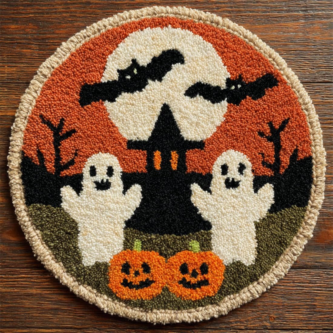 Rqwybcaxn DIY Latch Hook Rug Kit for Adults Animal Embroidery Kit Cartoon Ghost 50x50cm Round Tapestry with Crochet Hook Living Room Craft Gift