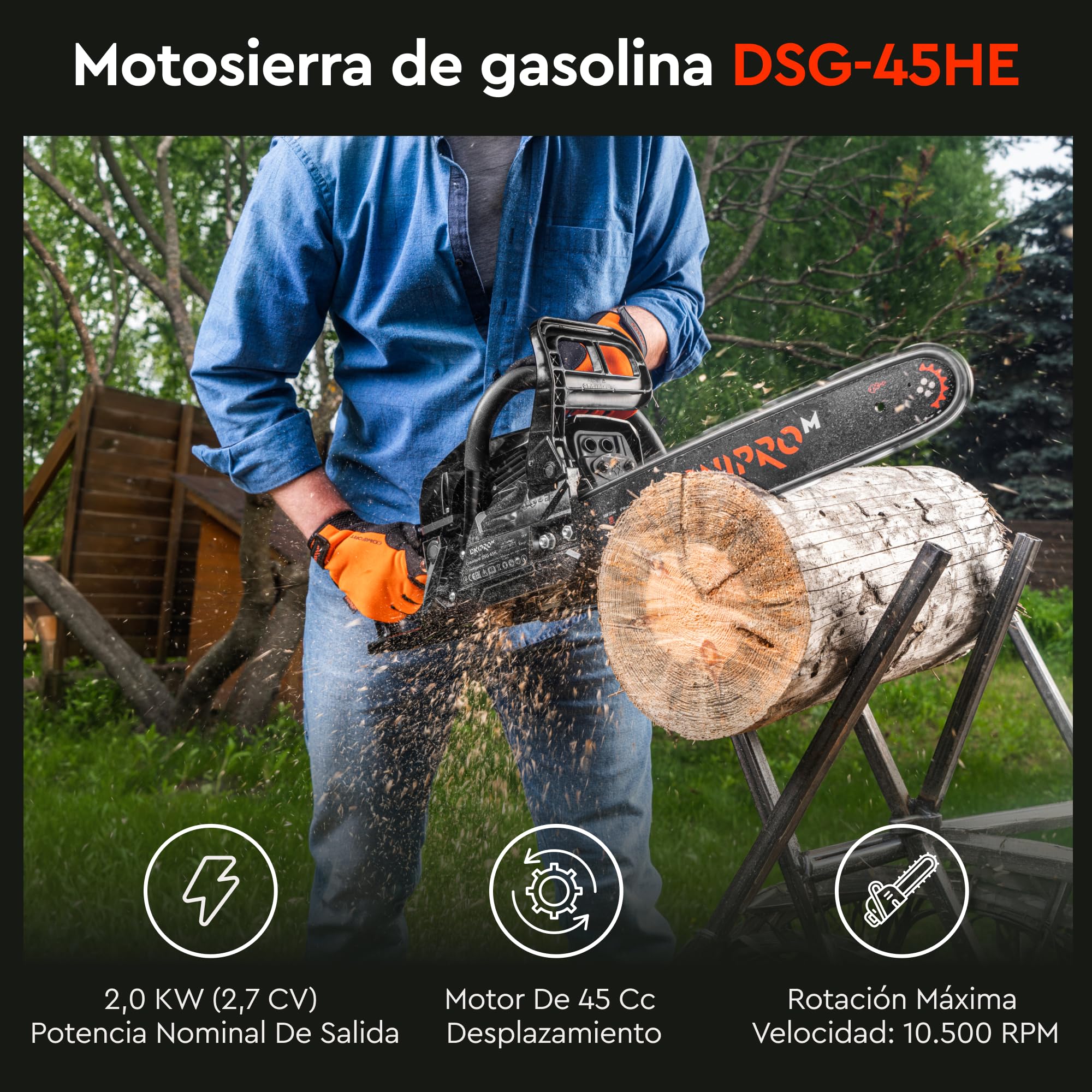 Motosierra de Gasolina, 45 cc, 1,8 kW (2,4 HP), Espada 40 cm (16"), Motor 2 Tiempos, Easy Start, Antivibración, Lubricación Automática y Freno de Cadena - DSG-45HE