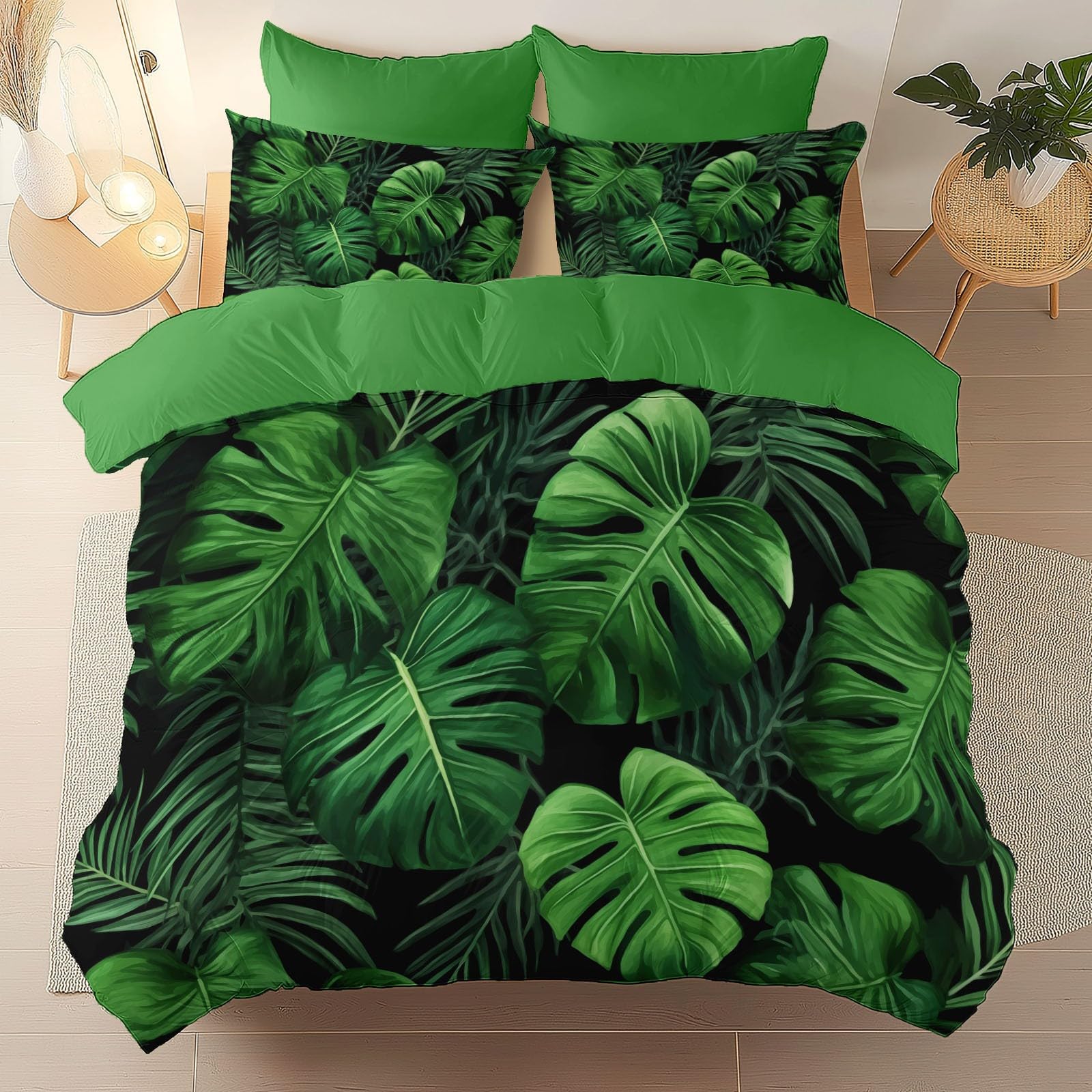 Zestaw pościeli Tropicalplantsmonstera miękki zestaw pościeli ze szczotkowanej mikrofibry poszewka na kołdrę z poszewkami na poduszki 230 x 220 cm prezenty dla mamy sypialnia dekoracja leśna zieleń