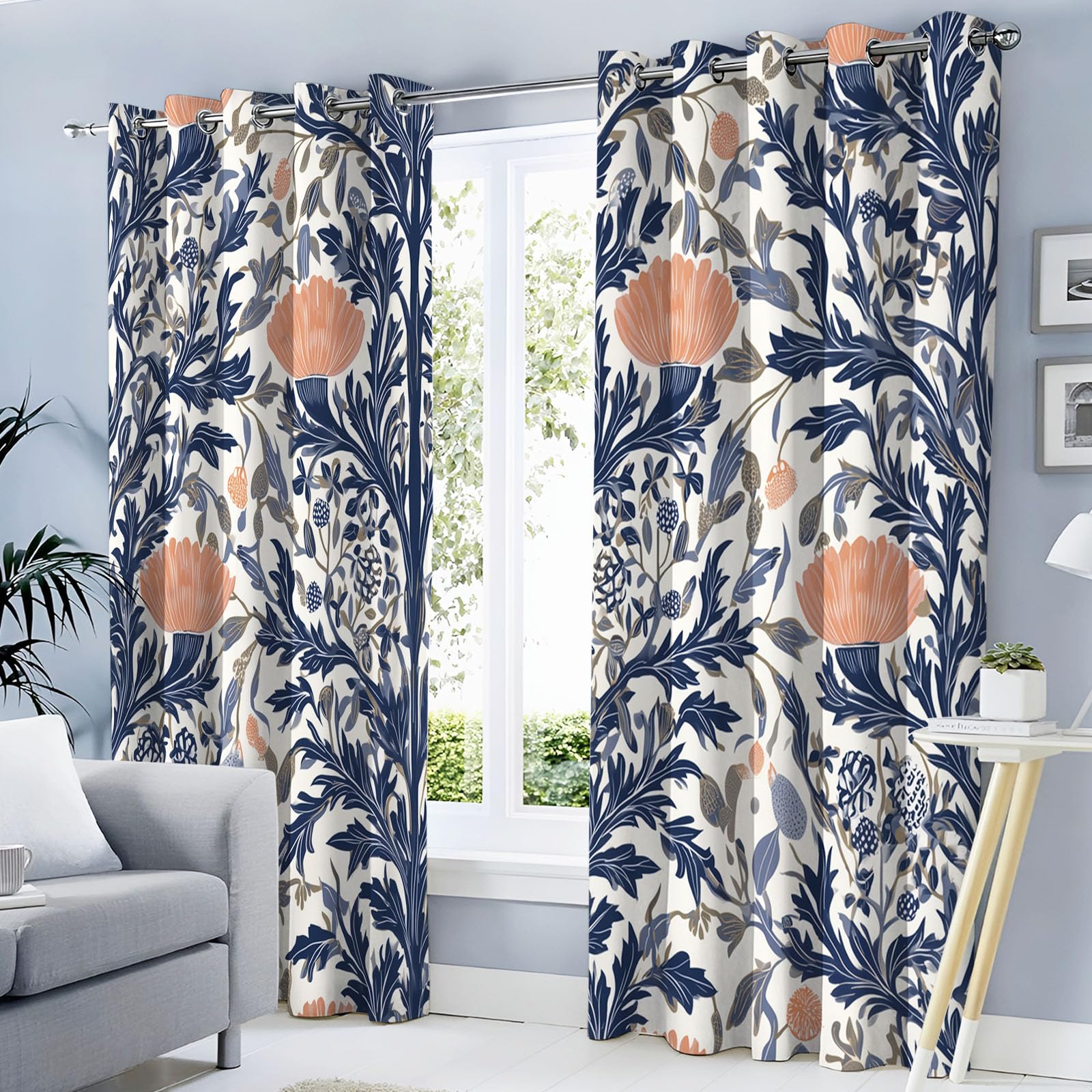 Rideau occultant floral bleu marine 140x225cm pour salon