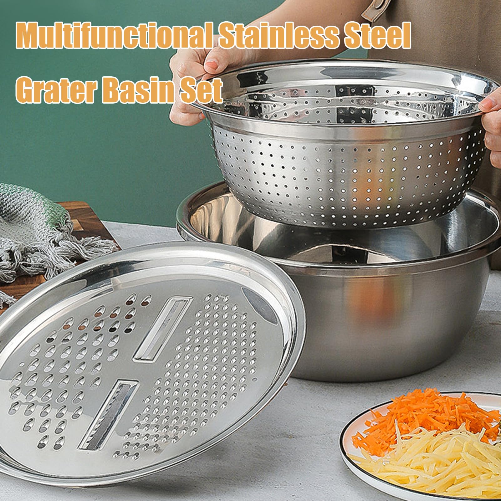 GERMANY Multifunktionales Edelstahlbecken, 3 in 1 Multifunktionales Edelstahlbecken Sieb Set, Küchenreibe Set, Sieb und Abflusskorb für Gemüse 26.0 cm
