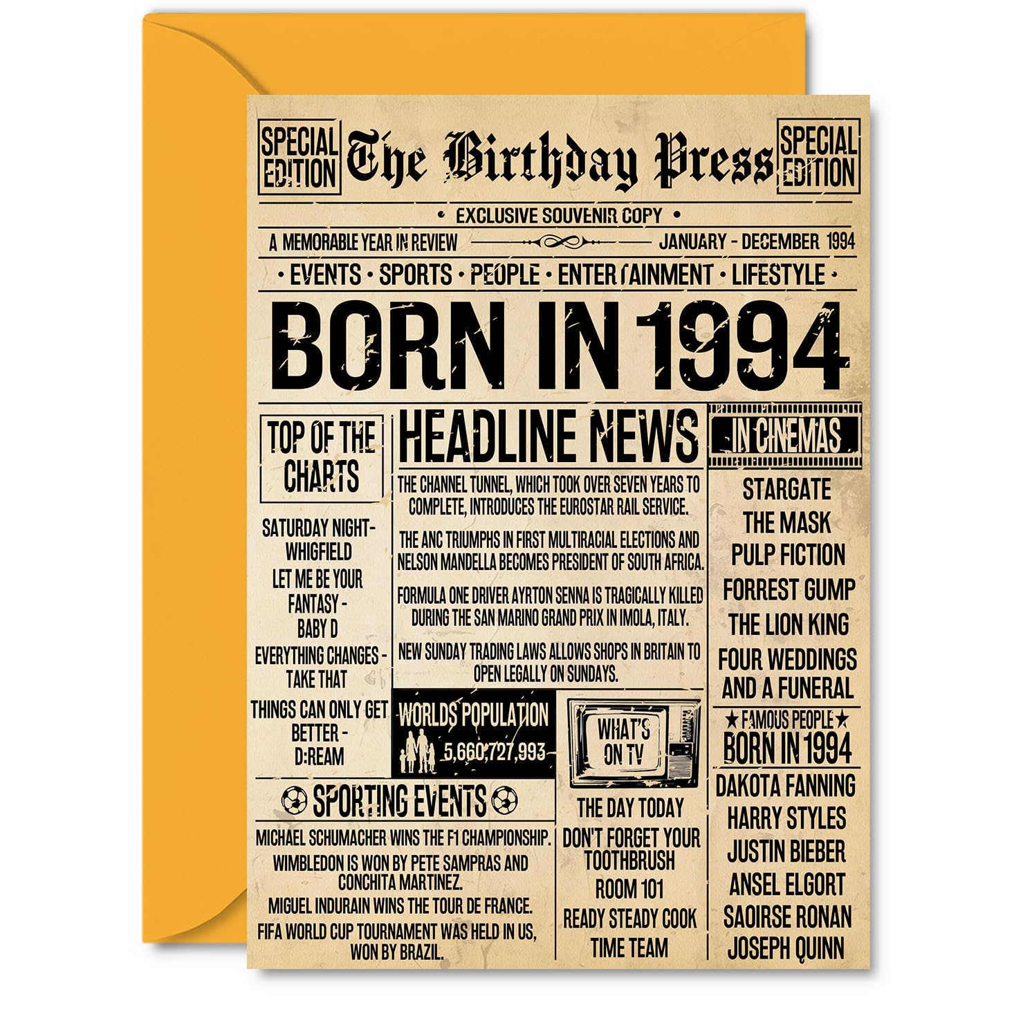 32nd Birthday Card for Men Women - Bday Press Newspaper 1994 - Happy 32 Birthday Cards for Husband Colleague Brother Friend Neighbour Niece, A5 Bday Greeting Cards
