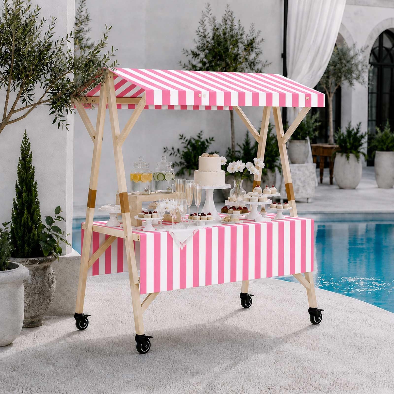 Banco Di Mostra Pieghevole Delle Bancarelle Di Mercato Con Il Baldacchino, Carrello Venditore In Legno Con Ruote, Bancarella Mobile, Stand Vendita Portatile Per Fiere E Sagre(Pink,L 150cm/59in)