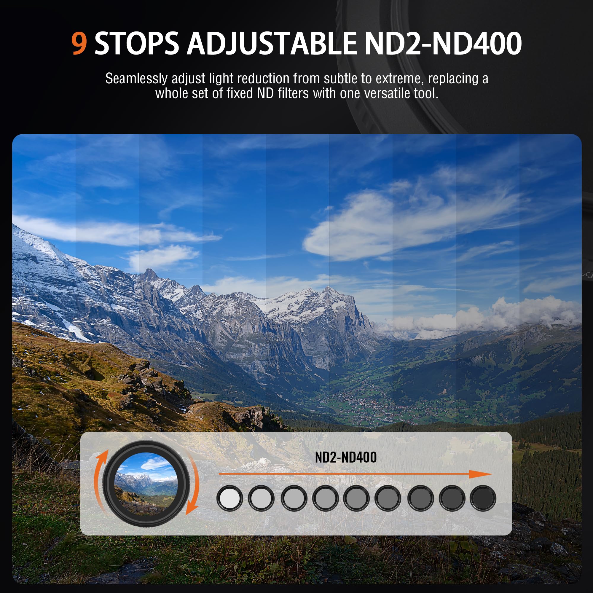 Filtro ND variabile da 67 mm ND2-ND400 (1-9 stop), filtro a densità neutra regolabile multi-rivestito, resistente all'acqua e ai graffi, filtro per obiettivo fotocamera video e fotografia