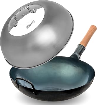 YOSUKATA Blue Round Bottom Wok Pan 14" Woks and Stir Fry Pans + Wok Lid 13.6 Inch - Premium Stainless Griddle Dome with Tempered Glass Insert Steam Holes