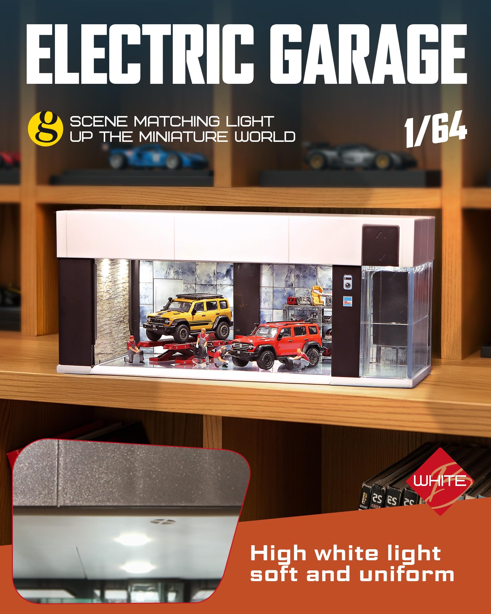 1/64 Maßstab Druckguss-Vitrine für Hot Wheel-Aufbewahrung mit LED-Lichtern, stapelbare elektrische Garage mit Sprachsteuerung, 3 austauschbare 3D-Szenen-Parkplatz-Diorama für Modellautos