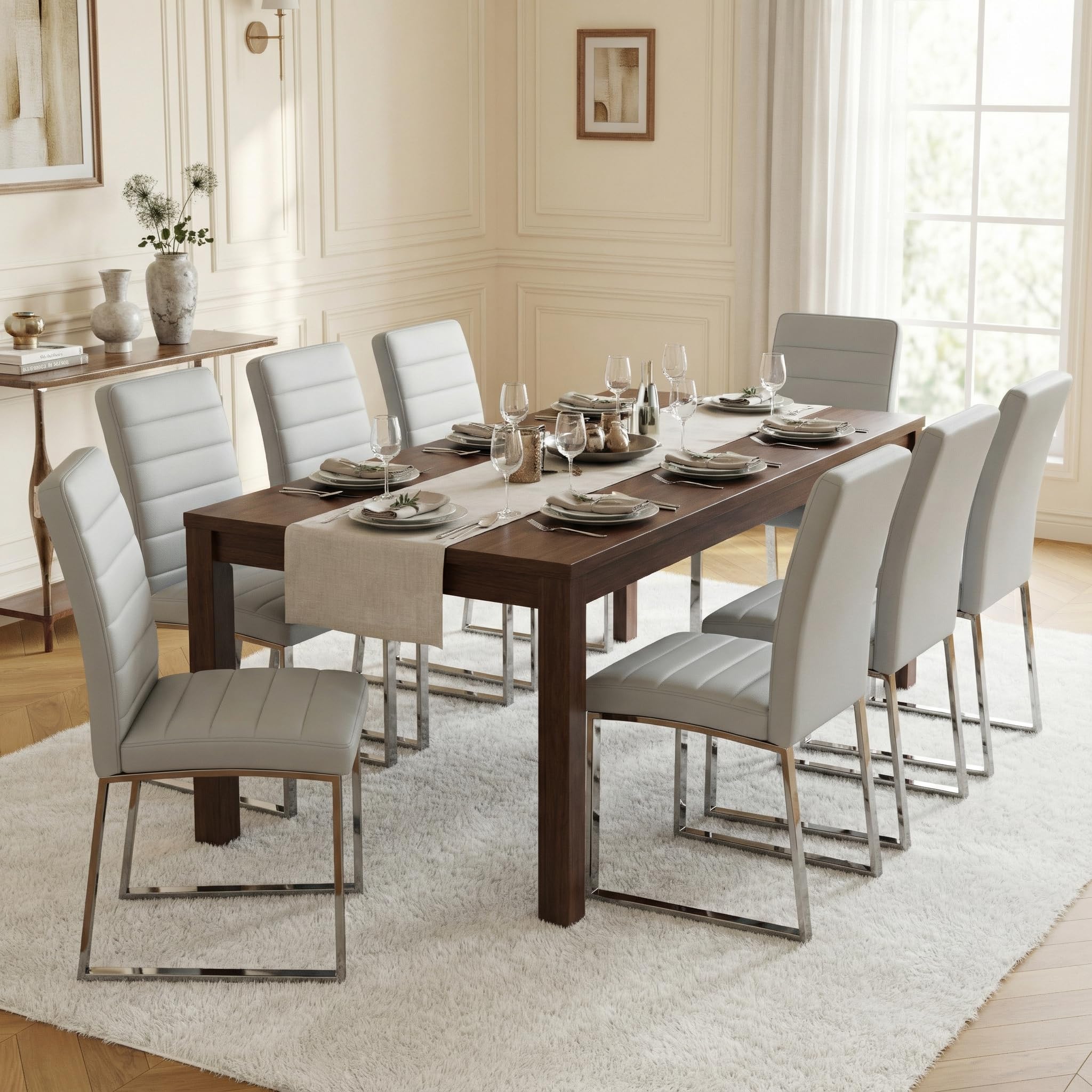 Hommoo Dining Chairs Set of 8, Faux Leather Upholstered Kitchen Chairs, Padded Seat Armless Dining Room Chair with Metal Leg, Modern Dinner Chair for Restaurant Living Room Grey