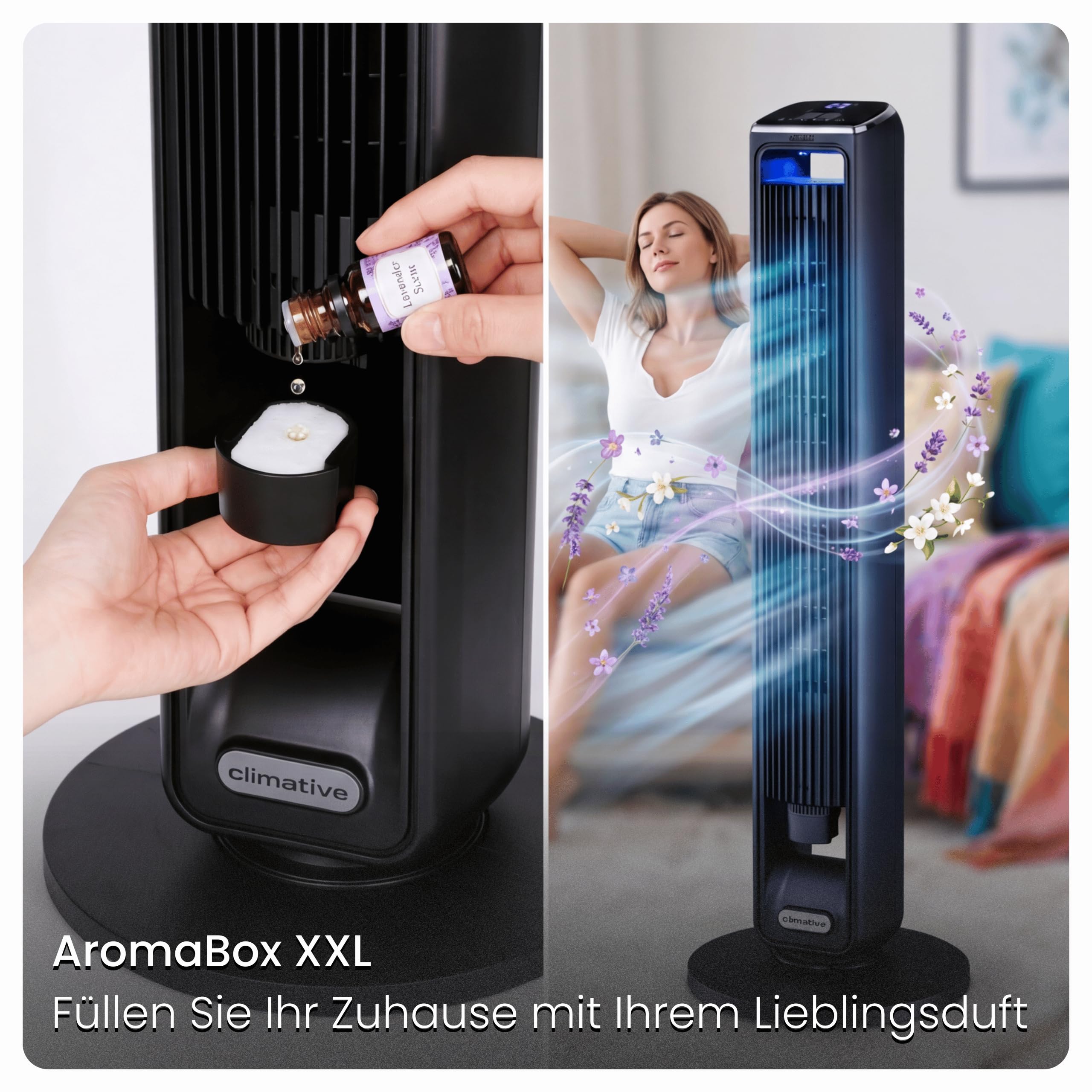 Turmventilator ION 107cm WiFi Tuya, Ionisator & großes Duftfach, Starker 6m/s Wind, 90° Oszillation, 15h Timer, LED Display, Design Standventilator, Tower Fan, Ventilator
