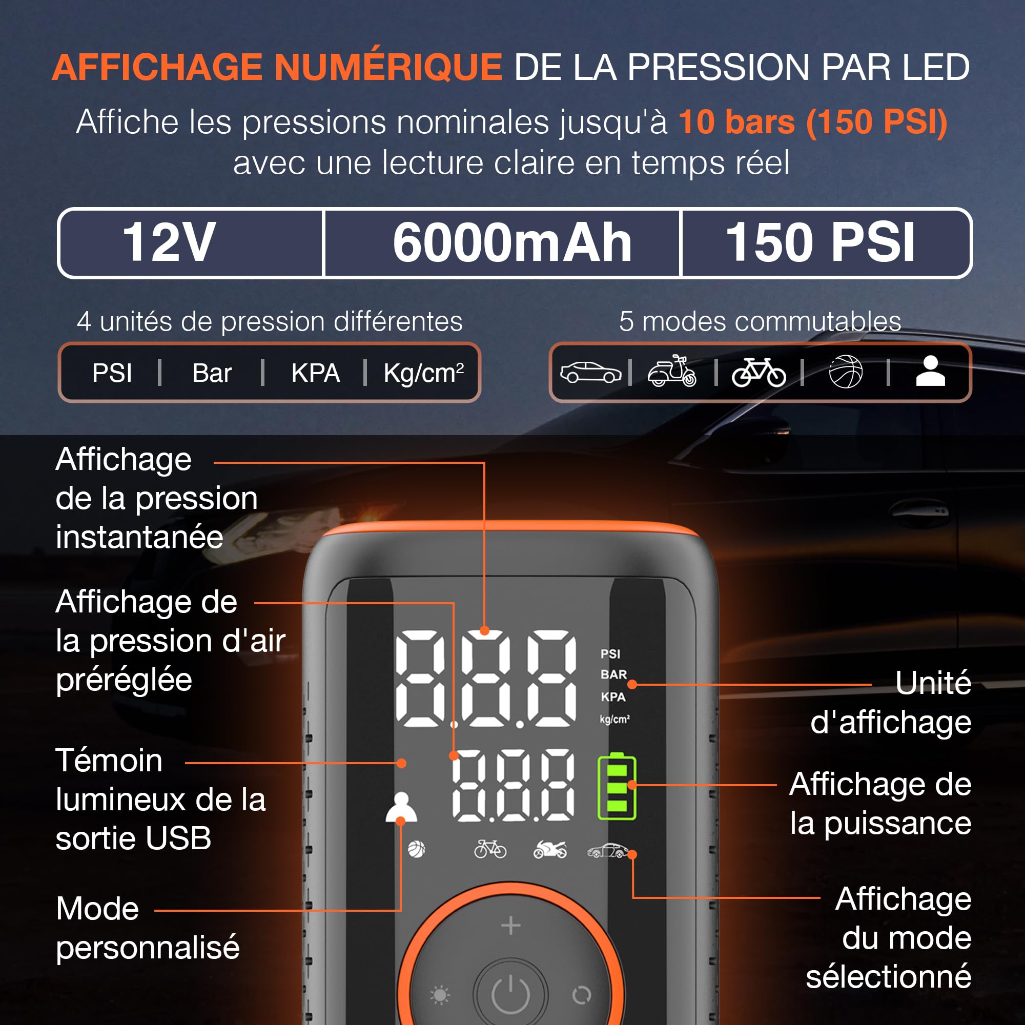 Compresseur d'air Portable 150 PSI gonfleur de pneus de Voiture gonfleur électrique sans Fil pour Voiture vélo Matelas et Balle Mini compresseur avec écran LED Rechargeable par USB
